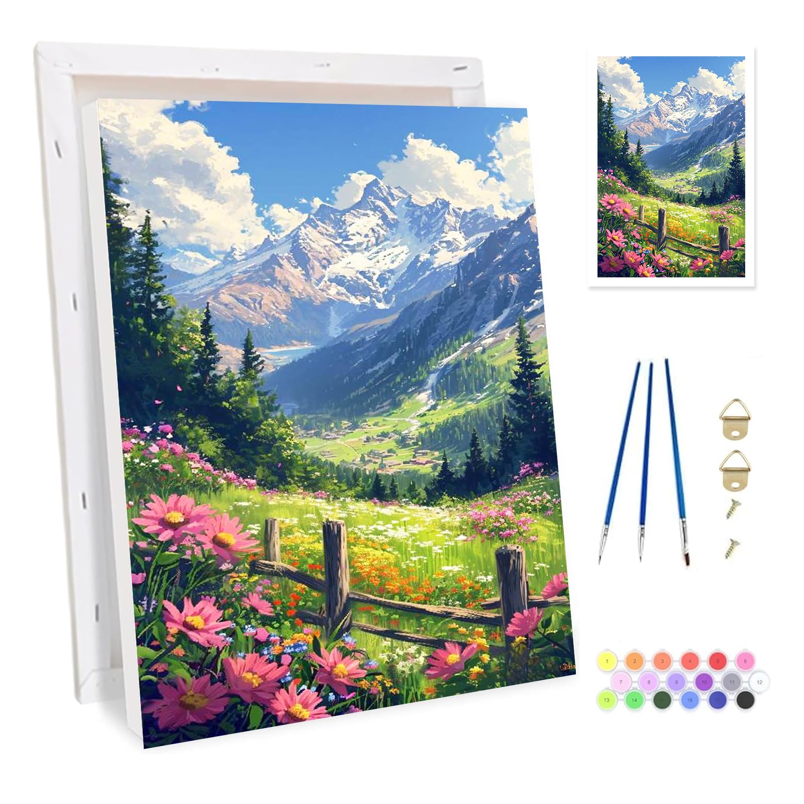 Bowetile Framed Mountain Paint by Numbers for Adults, Flower Painting by Numbers Kit for Adults Beginners Canvas Kit, DIY Color Oil Painting Acrylic Paints for Home Wall Decor 20x30cm