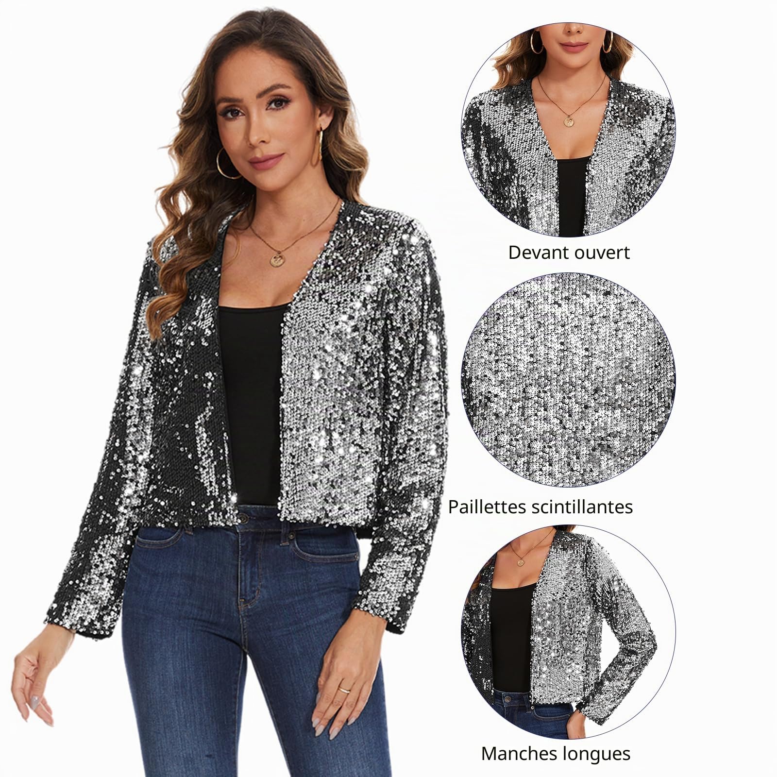 Boléro à paillettes entièrement doublé - Cardigan à manches longues - Haut court ouvert sur le devant - Pour mariages, cocktails, clubs, fêtes et soirées