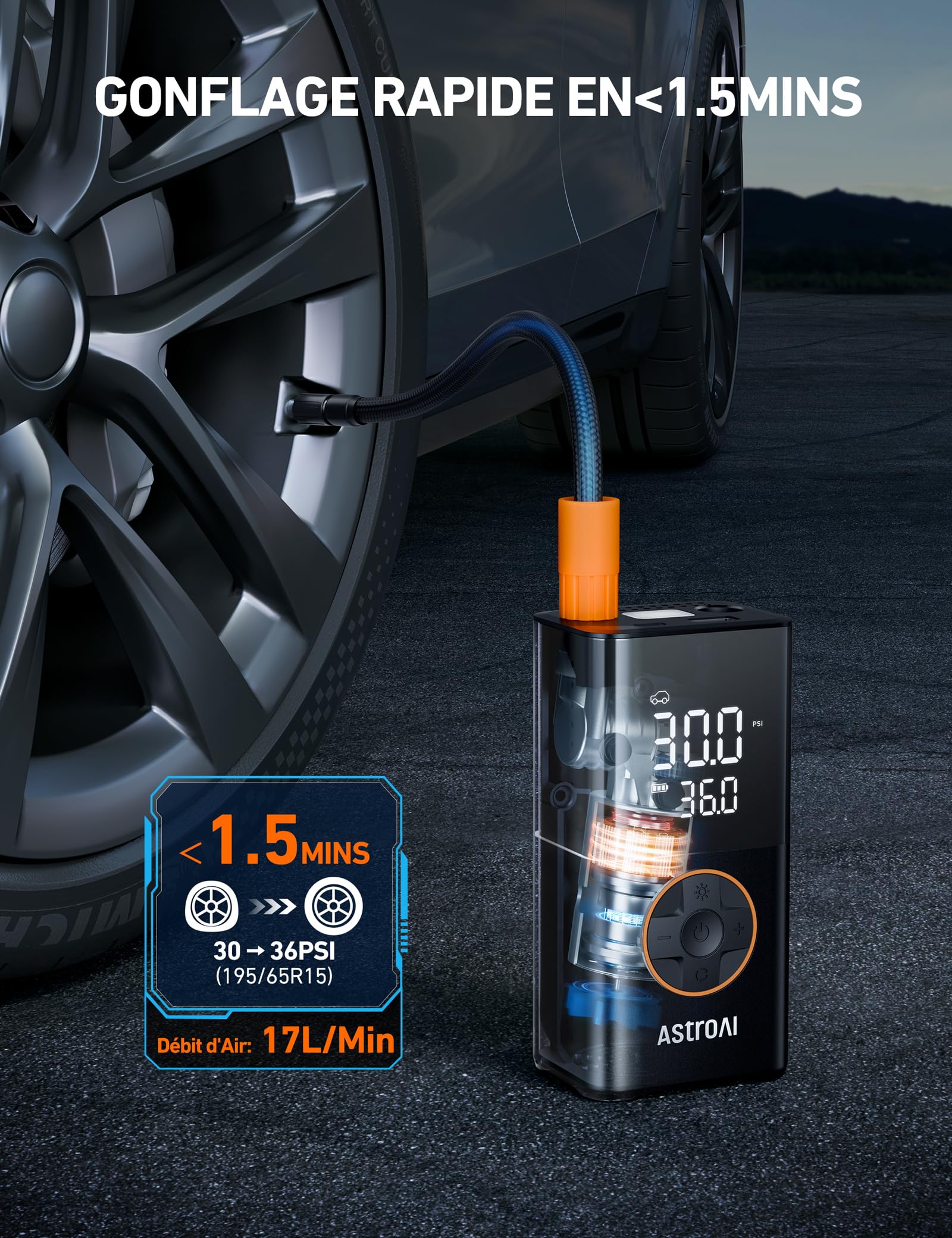 AstroAI Gonfleur Pneus Voiture Sans Fil, Compresseur à Air Portatif 150 PSI | Plus Rapide, Compacte & Faciles Ranger, Écran Truegauge Précis, Arrêt Automatique, Polyvalents pour Vélos, Motos, Boules Noir