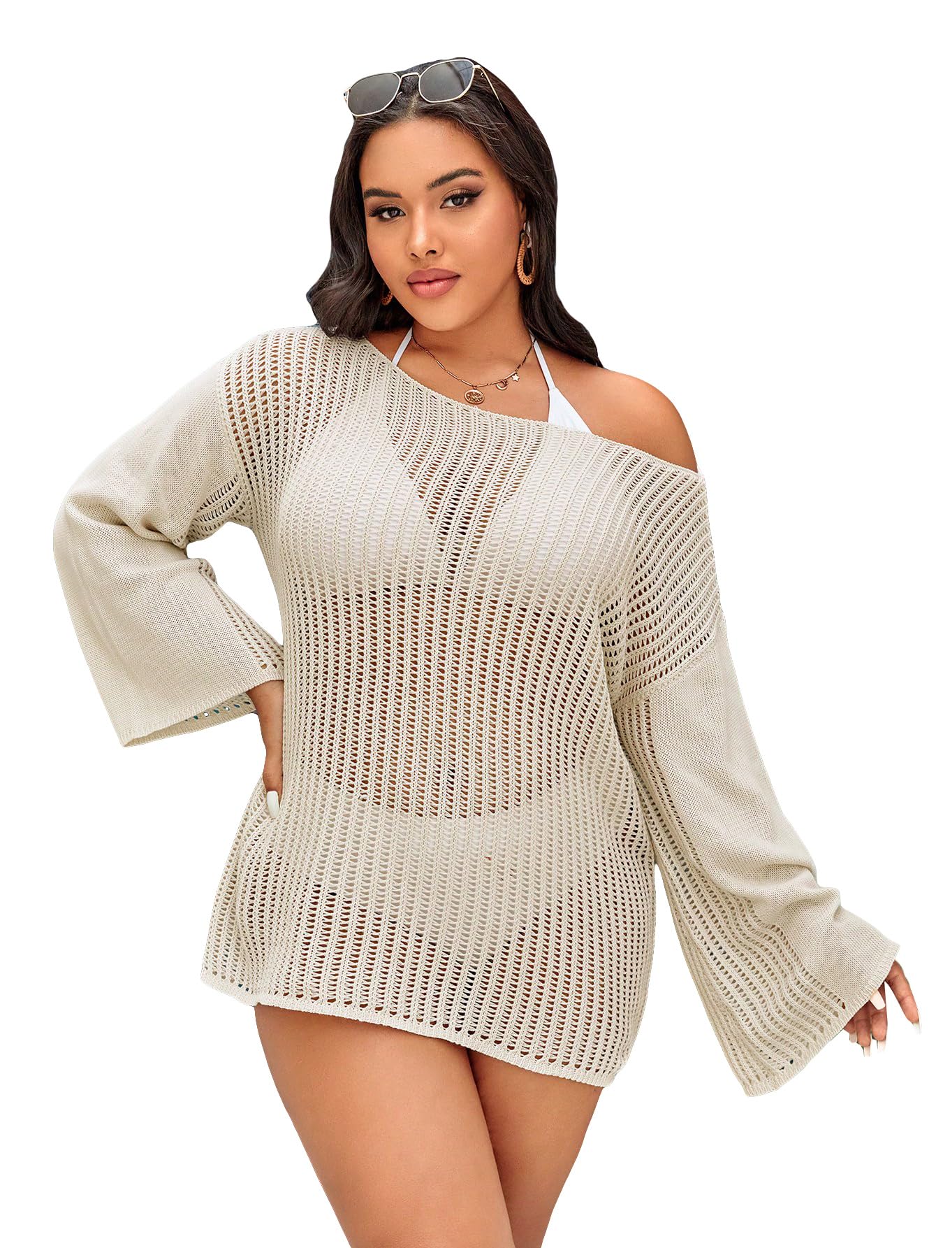 Damska Sukienka Plus Size Z Wycięciem, Długim Rękawem, Przezroczystą Siateczką, Stroje Kąpielowe Dekoltem W Łódkę, Czarna 4XL(Beige,XX-Large Plus)