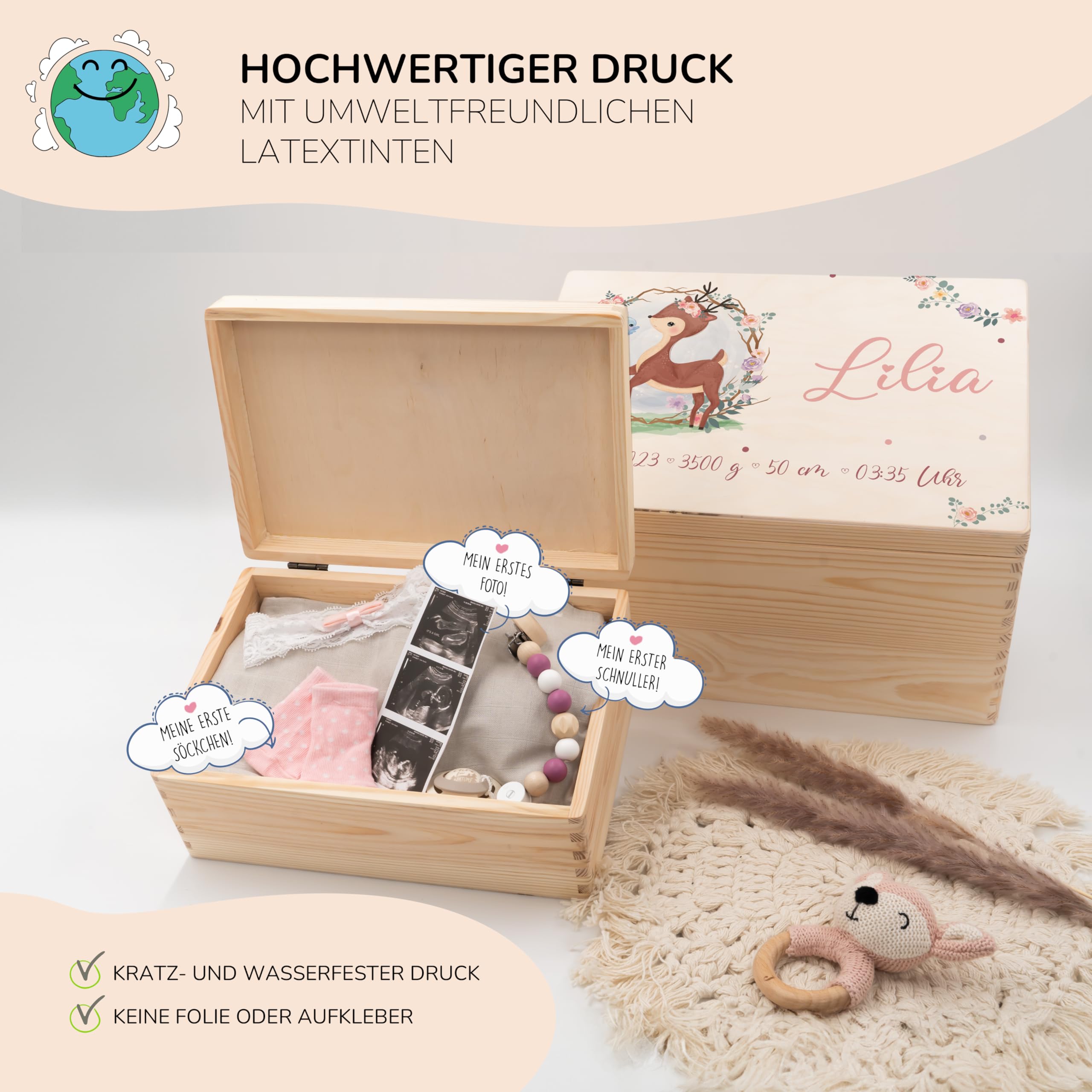 KIDSMOOD - Erinnerungsbox Baby, personalisierte Holzkiste mit Deckel, Ideal zur Aufbewahrung von Erinnerungen und als Geschenk zur Geburt, Taufe oder als Geburtstagsgeschenk für Mädchen und Jungen