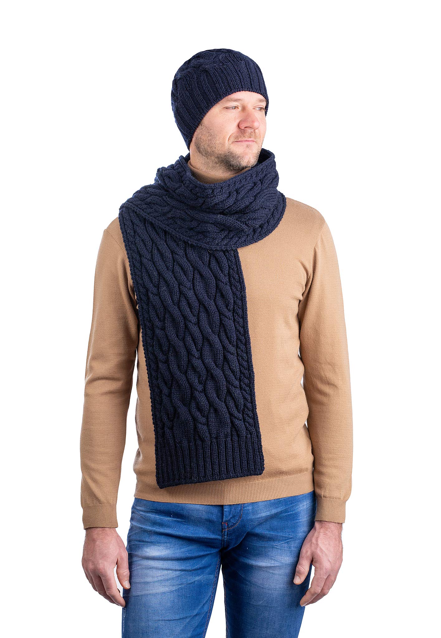 SAOL 100% lana merino, berretto da uomo, in maglia a treccia, colore naturale, carbone, blu marino, verde