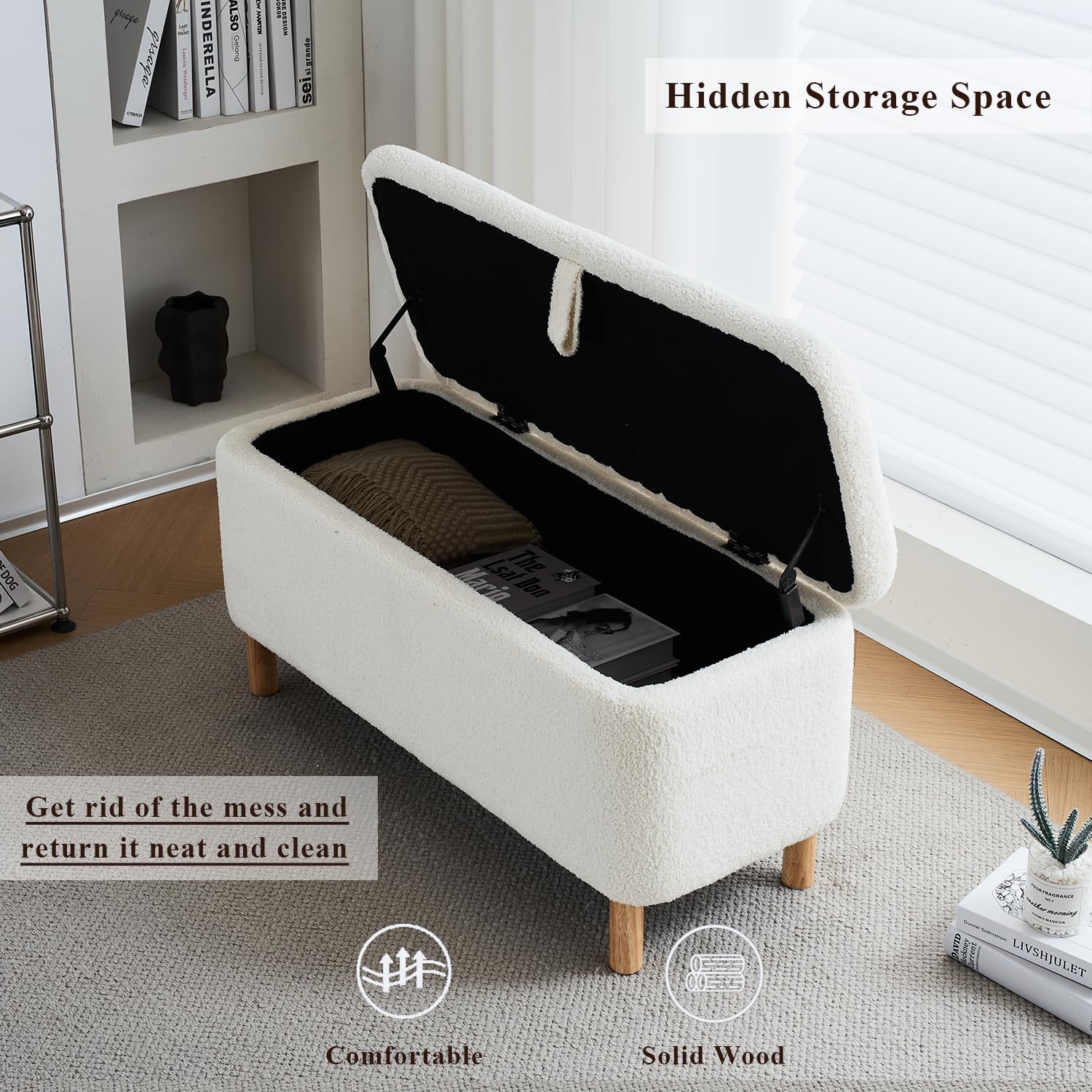 Storage Bench Bedroom Bench Sherpa Ottoman Storage Entryway for Living Room Rectangular Boucle Foot Rest Stool Padded Seat (39.5", White)