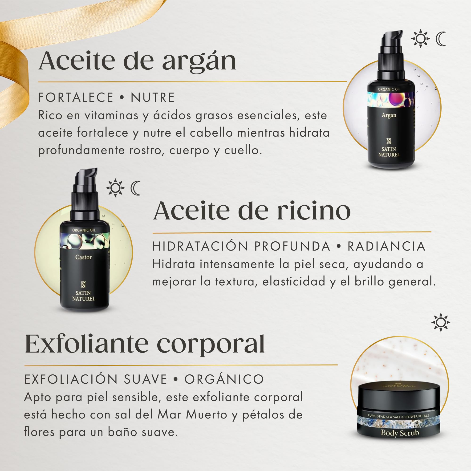 Satin Naturel Set de Regalo de Lujo 5x30 ml | Set de Cuidado Facial con Aceite de Argán Bio, Ricino, Almendras, Jojoba y Exfoliante de Sal del Mar Muerto