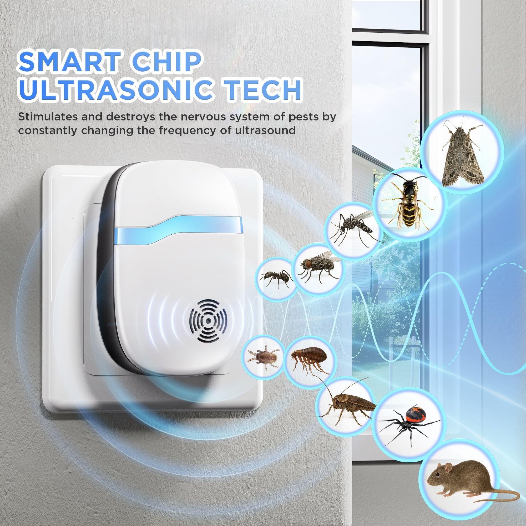 Repelente ultrasónico de insectos y plagas para interiores, fuerza motriz más fuerte, repelente para ratones, ratas, cucarachas, insectos, hormigas, arañas, dispositivo de control enchufable, uso