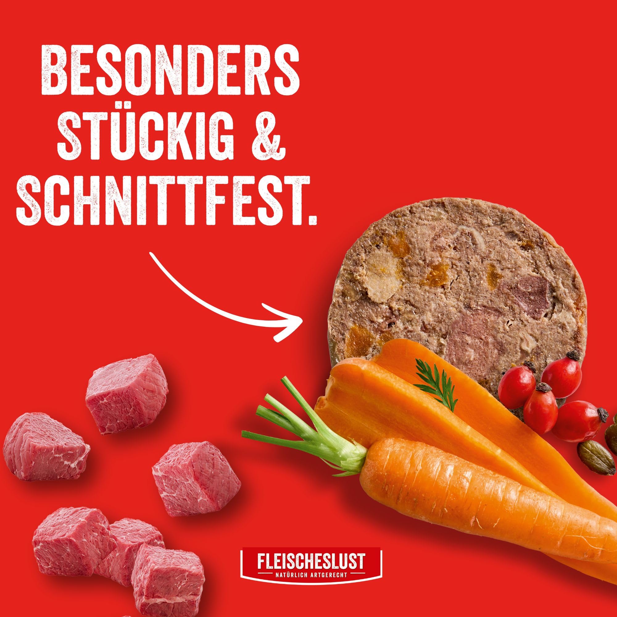 Fleischeslust Hundewurst | Zartes Rind mit Karotte, Hagebutte & Kürbiskernen | Futterbox (6x800g) | Nassfutter | schnittfest | getreidefrei | Alleinfuttermittel für ausgewachsene Hunde