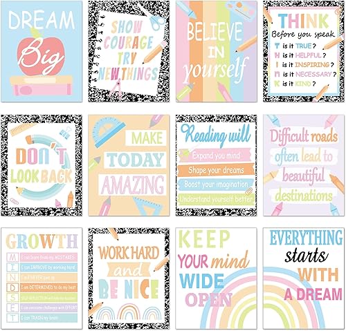 12 pósteres motivacionales para el aula, mentalidad de crecimiento, arte de pared educativo para profesores, decoración de tablero de anuncios