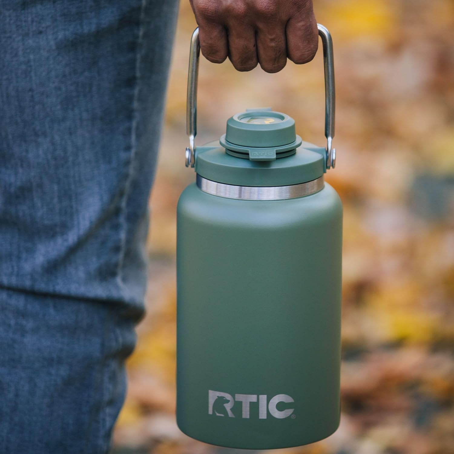 RTIC Half Gallon Outback Jug, Stainless Steel, Ceramic Lined Insulated Water Bottle with Lid and Handle, BPA-Free, Double Wall Vacuum Insulation, Olive