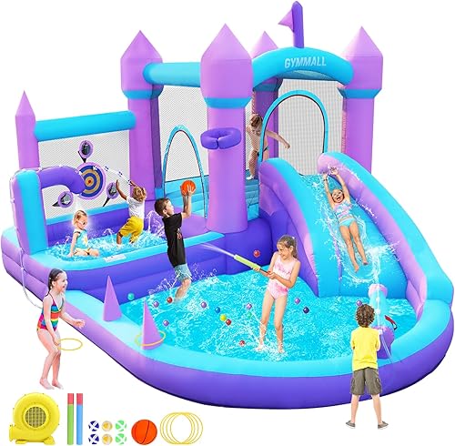 Casa de Rebotes Inflable para Niños 3-8, Castillo Hinchable Grande Morado con Tobogán, Soplador de Aire de 480W, Espacio para Saltar, Piscina de