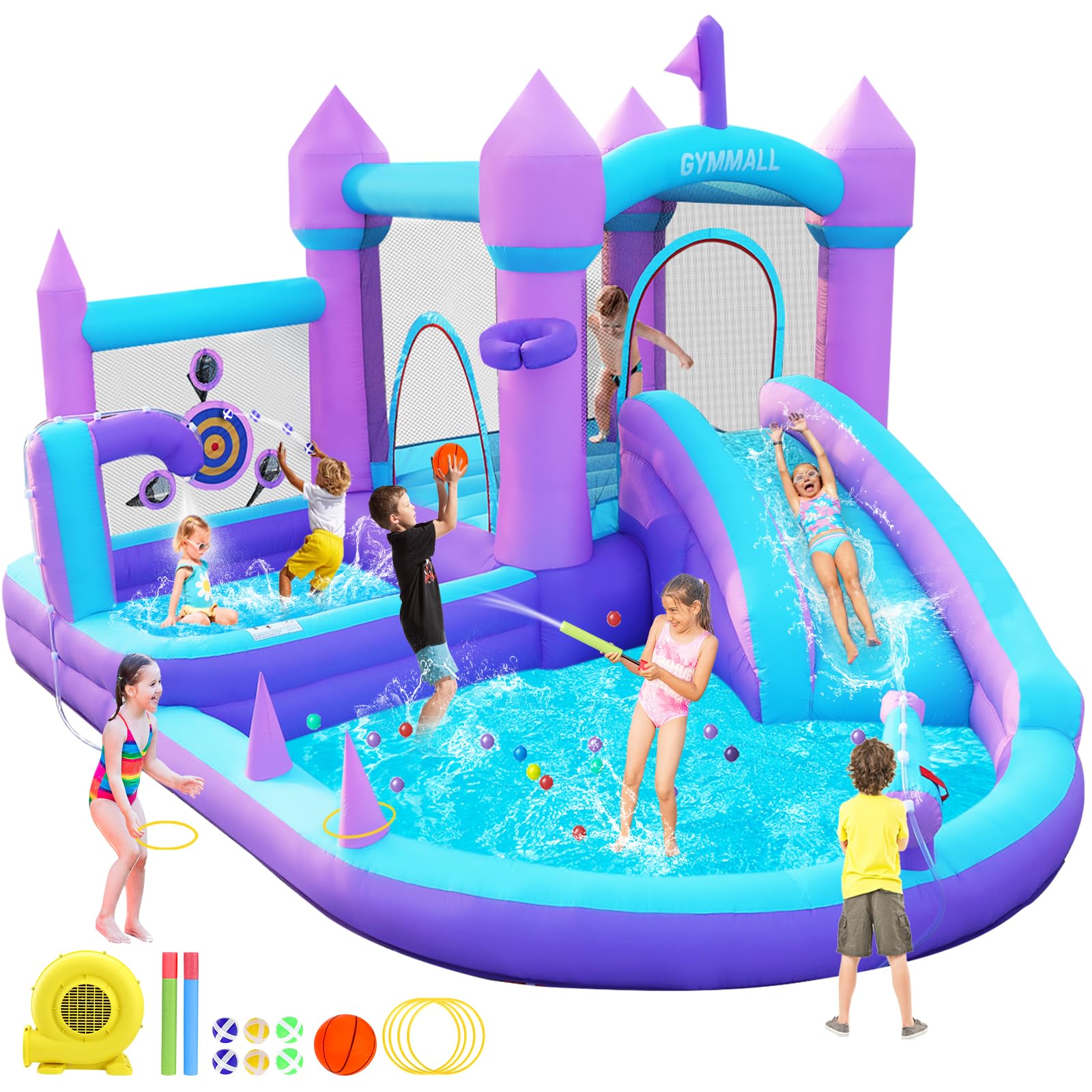 Photo 1 of GYMMALL Water Bounce House with Slide for Kids 3-8, Purple Inflatable Bouncy Castle 12.5 * 6FT with 480W Blower Jumping Space Ball Pit Swimming Pool, Indoor Bouncy House for Party Birthday Event Gift