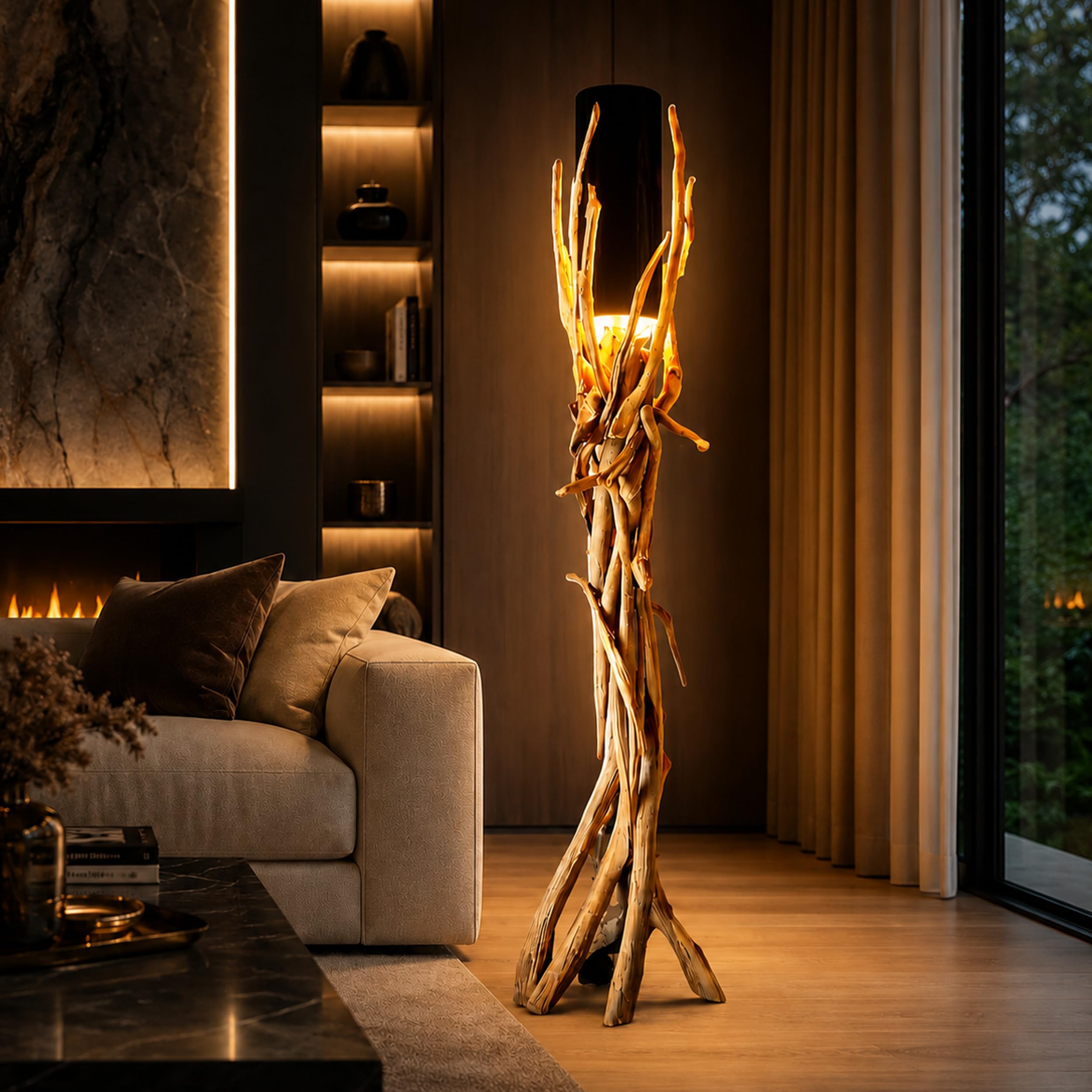 Bressmer VILLA Premium-Qualität Treibholz-Stehlampe | Handgefertigte Stehlampe aus recyceltem Teakholz | Luxuriöse Stehleuchte Holz für das Wohnzimmer mit schwarzem Leinenschirm & E27-Fassung