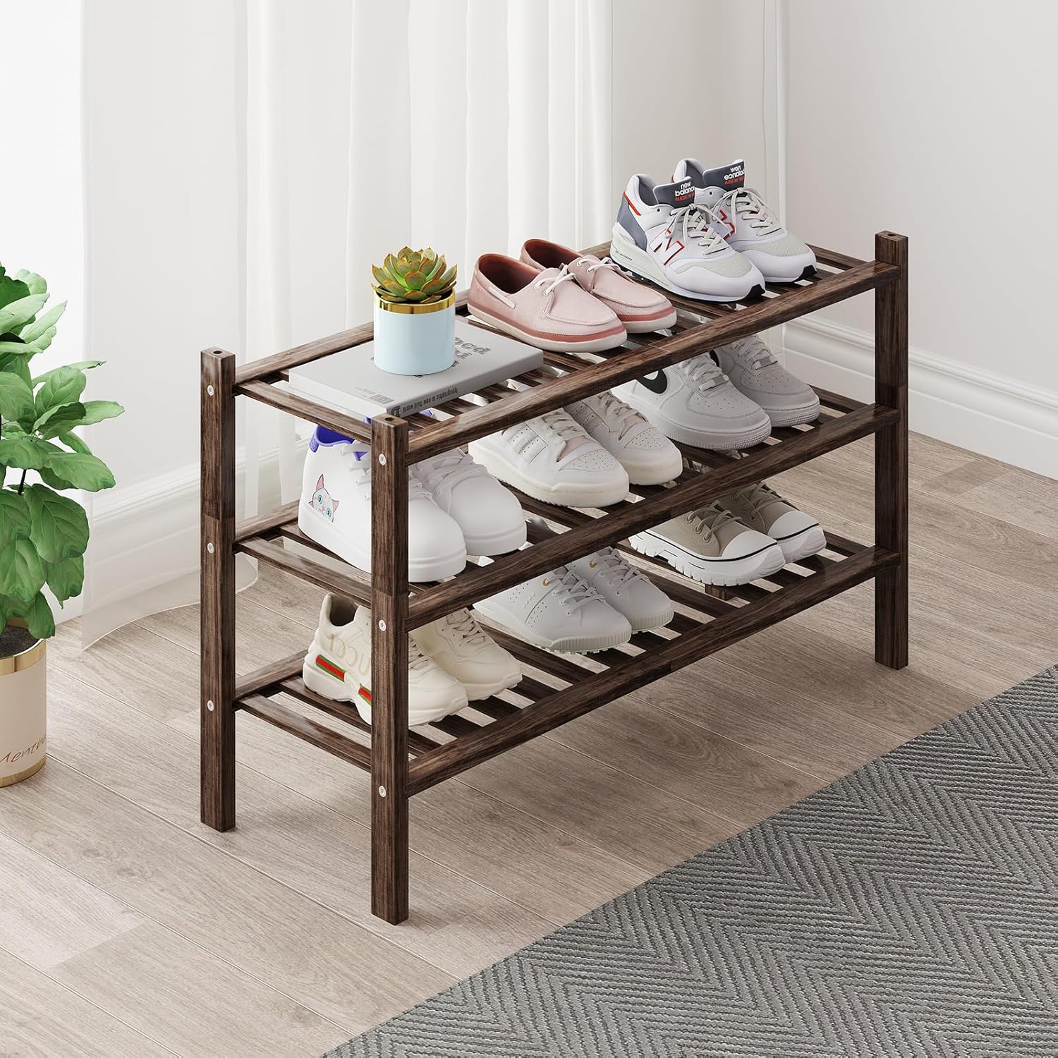 Bamboo Shoe Rack Organizer for Closet and Entryway - Space-Saving Narrow Shoe Stand - Versatile Shoe Holder for Door or Closet Shelf,Garage Bedroom can Freely Stack DIY Small Shoe Racks 3 Tier Brown