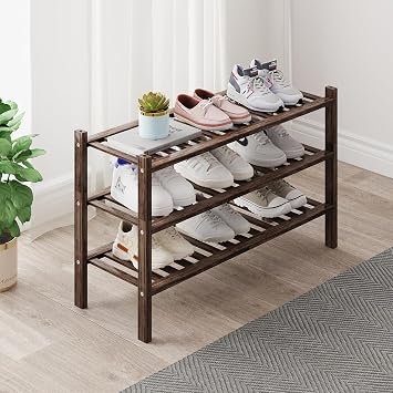 Bamboo Shoe Rack Organizer for Closet and Entryway - Space-Saving Narrow Shoe Stand - Versatile Shoe Holder for Door or Closet Shelf,Garage Bedroom can Freely Stack DIY Small Shoe Racks 3Tier Brown
