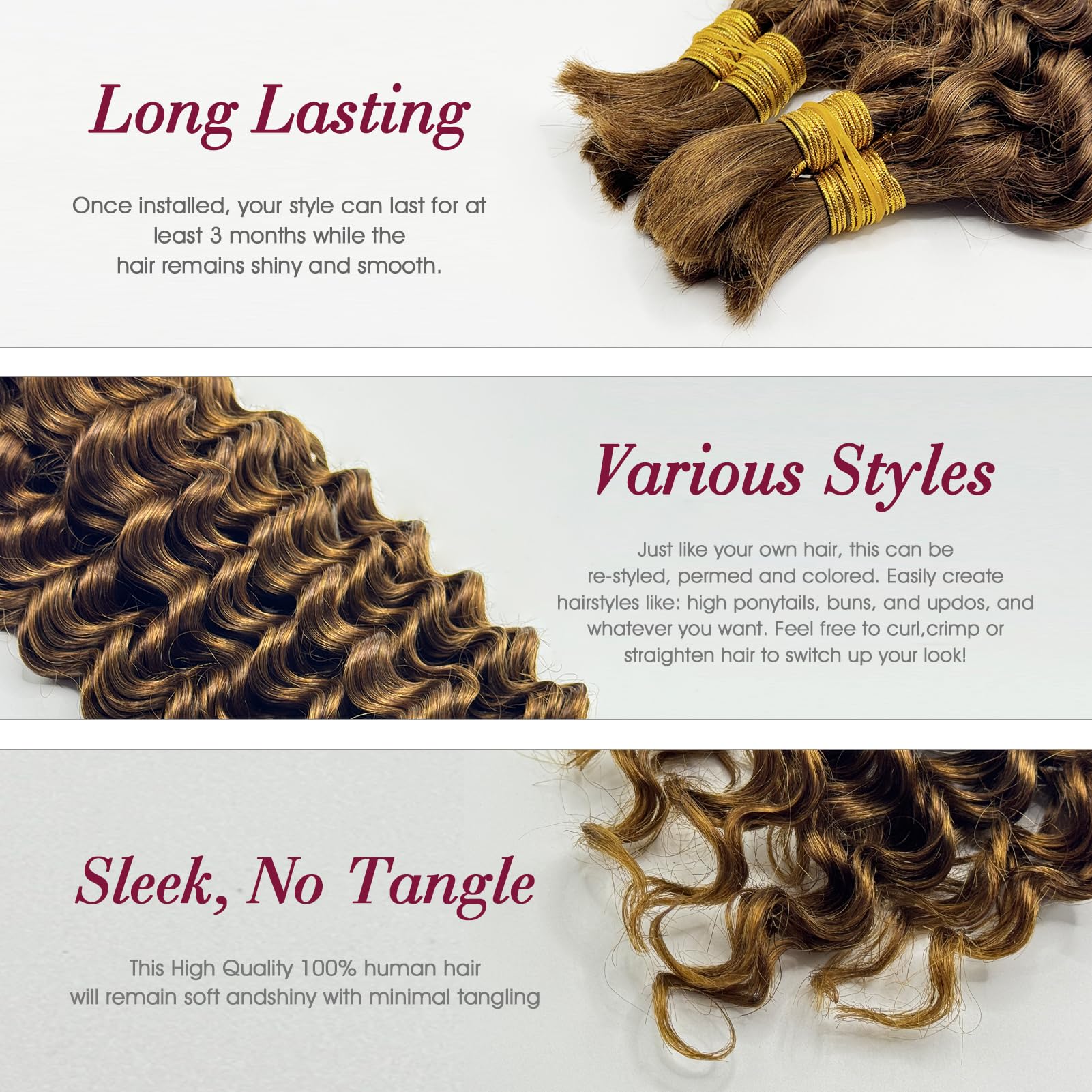 YEECHAEN Human Braiding Hair Deep Wave Bulk Human Hair for Braiding No Weft (1 Pack-2 Bundles-100g) Human Braiding Hair for Boho Braids (30#, 20INCH)