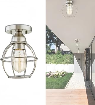 WISBEAM Brushed Nickel Semi Flush Mount Ceiling Light Fixture, Small Cage Ceiling Light E26 Medium Base MAX 60W, Metal Housing, ETL Rated, Bulbs NOT Included, 1-Pack