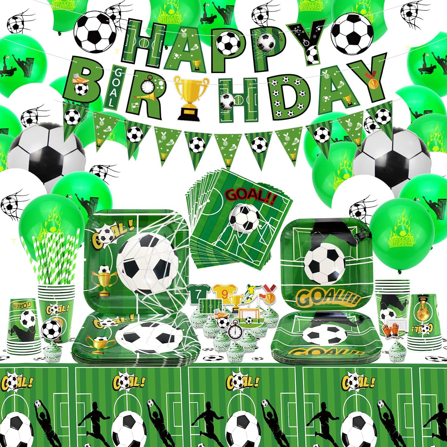Football Party Supplies Tableware - Including Happy Birthday Banner, Plates, Cake Toppers, Cups, Napkins, Tablecloth, Balloons, Straws, for Boys Sports Birthday Party Decorations Serves 20