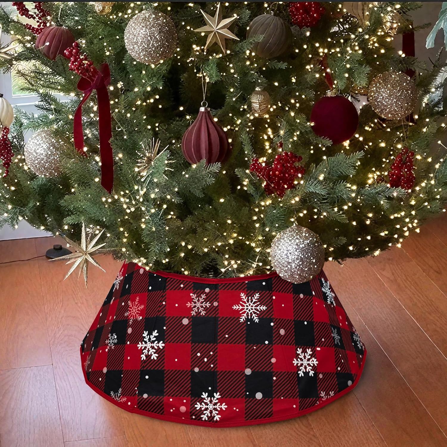 Christmas Tree Collar - 25.6" x 9.8" Patterned Tree Skirt/Base Collars, Foldable Red Plaid Xmas Christmas Tree Stand Cover for Holiday New Year Party Decoration
