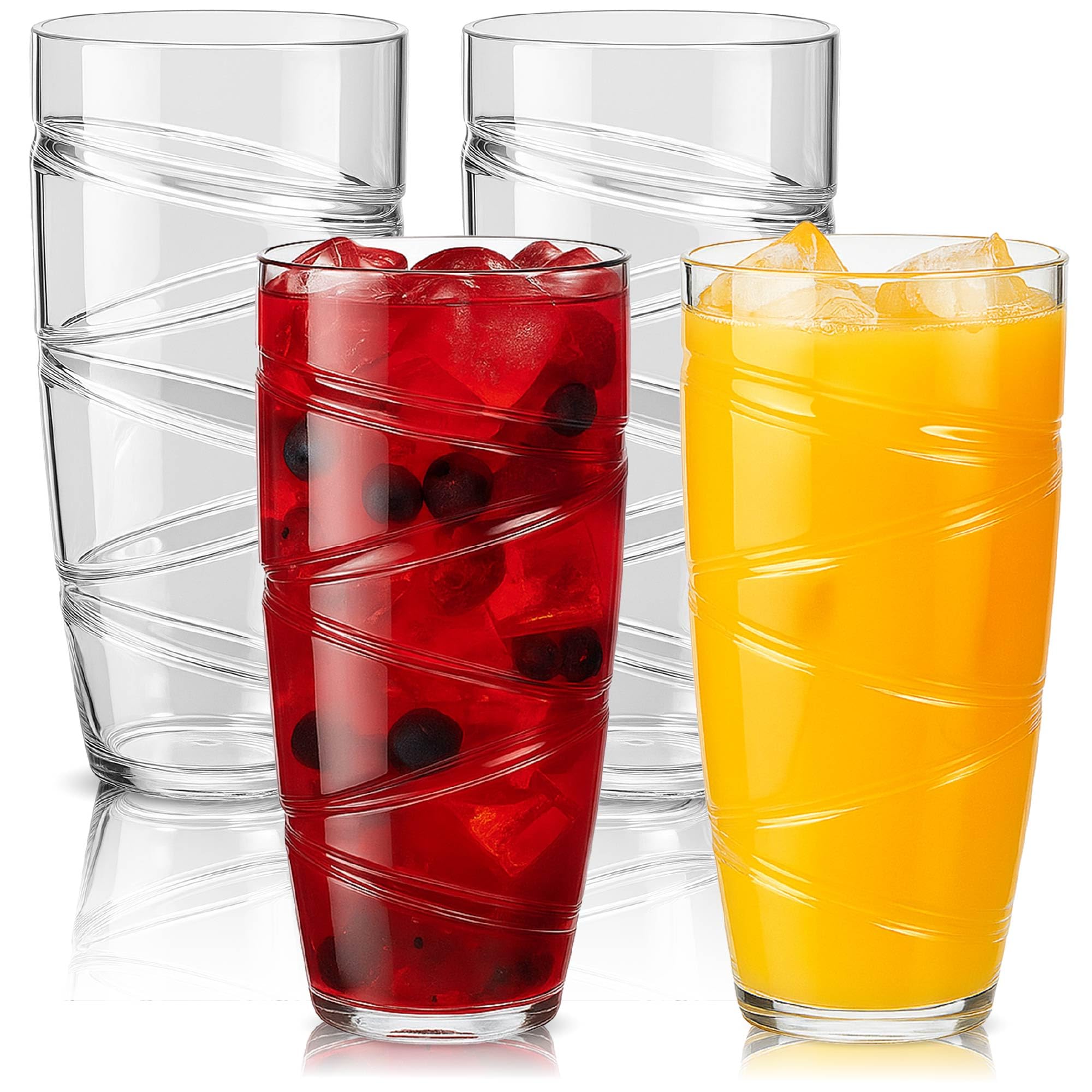 HEFTMAN Plastic Tumblers Set of 4-550ml Acrylic Tumbler Glasses with Swirl Design, Stackable Re-usable Plastic Glasses for Garden, Picnics, Camping, BBQs, Parties or Everyday Use (Clear)