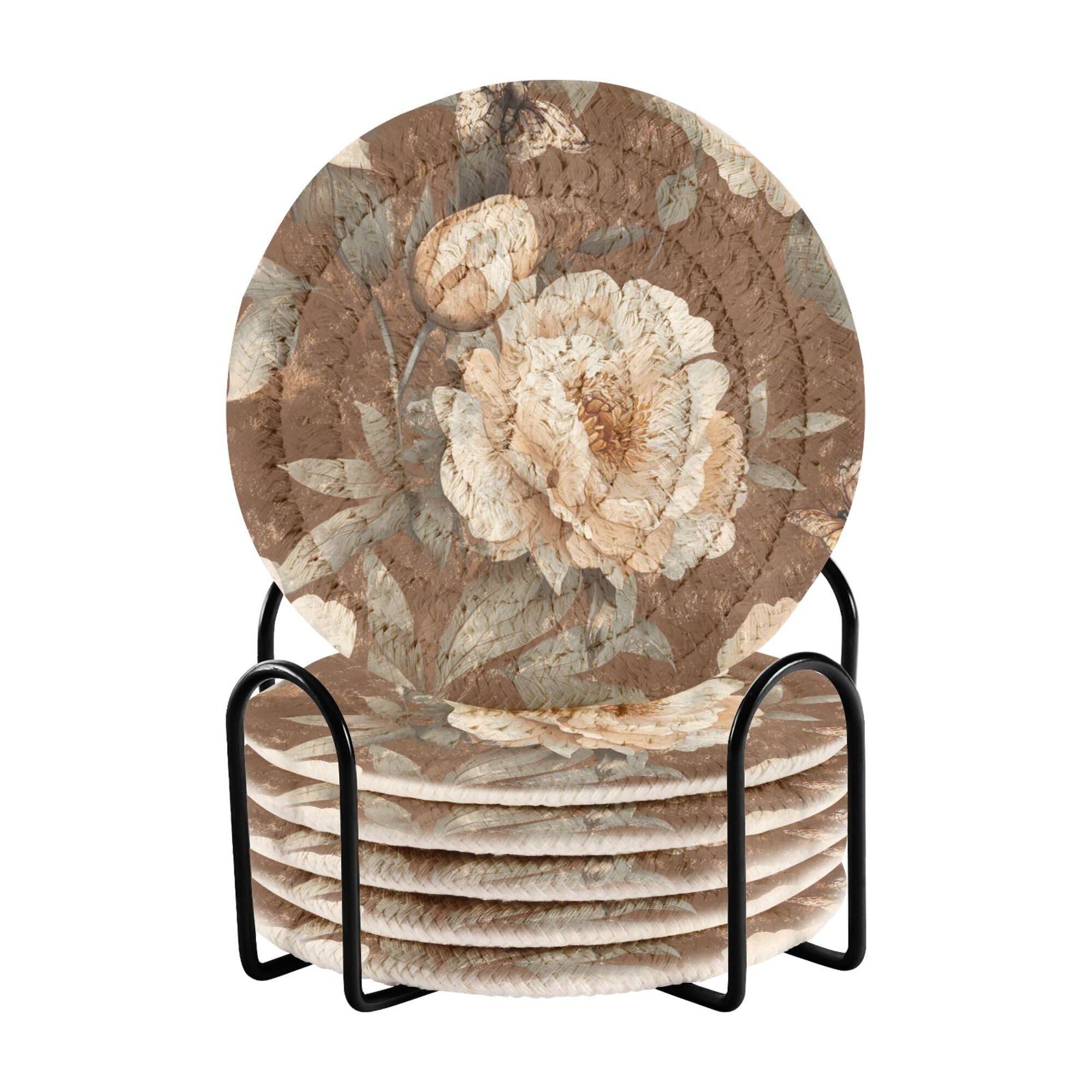 Rustic Peonies Brown Cotton Rope Coasters Absorbent with Holder Set of 6 Coasters