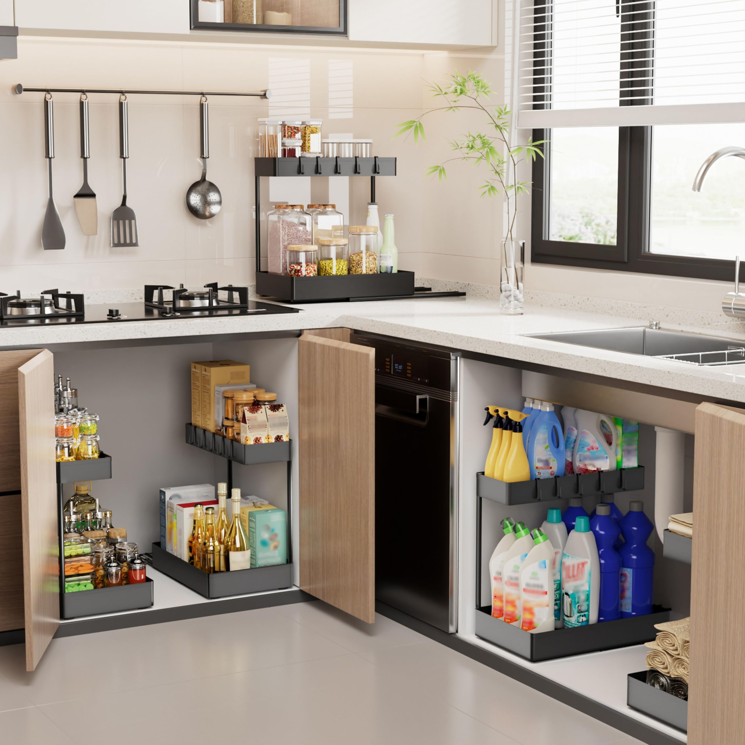 Creahaus Paquete de 2 organizadores para debajo del fregadero con diapositivas de metal, organizadores de cocina y baño de 2 niveles y almacenamiento, organizador de gabinete extraíble para