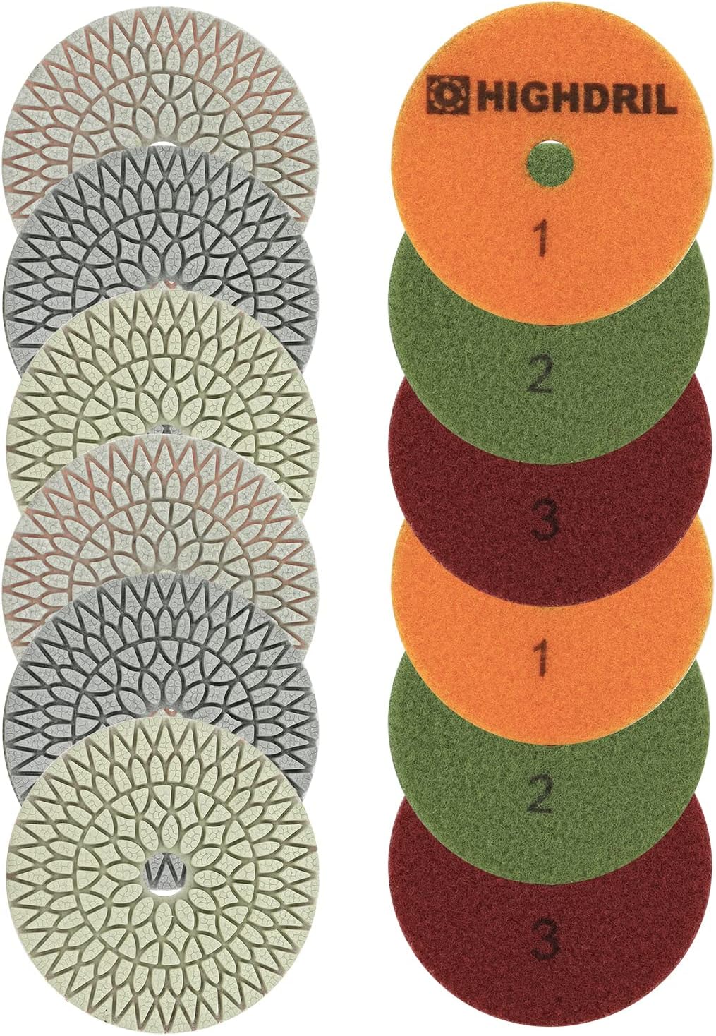 HIGHDRIL Dry/Wet Diamond Polishing Pad Set - 12Pcs/4Sets 4inch 3 Step Sanding Pads(#100x4#400x4#1500x4) for Granite Marble Artificial Stone