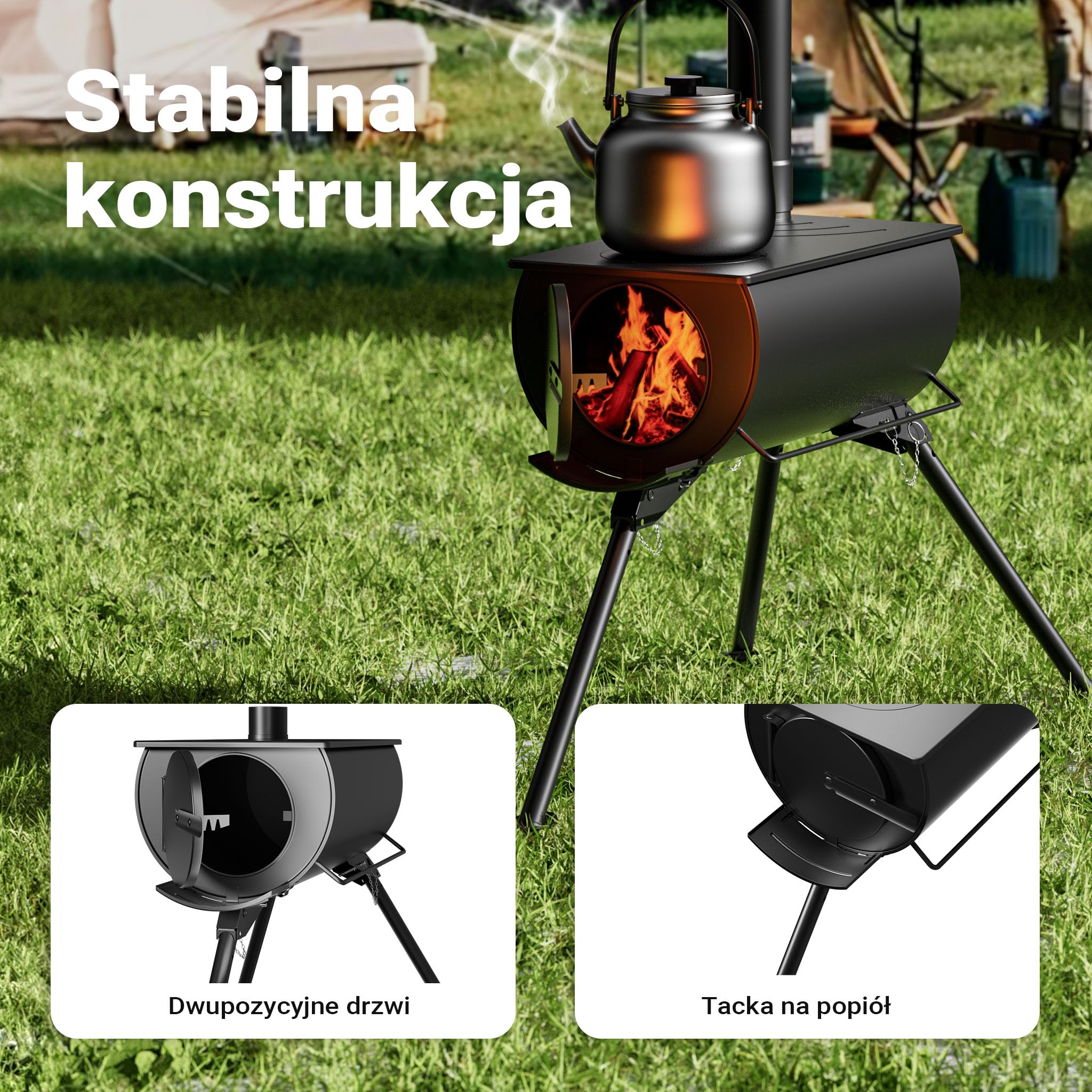 Wiltec Piec do namiotu na drewno ze stali Q235, piecyk 85 x 57,5 x 238 cm z kominkiem Ø 6 cm pod namiot, wszechstronność na biwaku