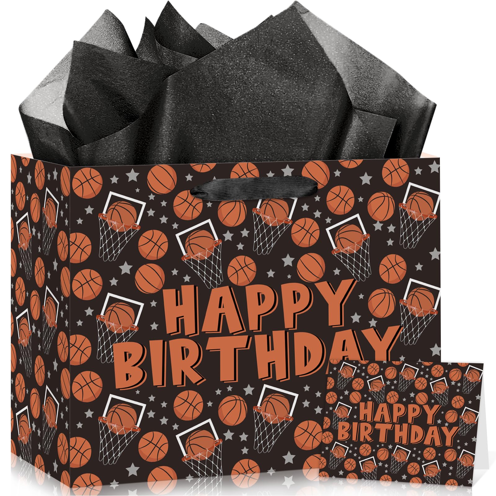 Basketball Birthday Gift Bag for Boys, Sports Basketball Birthday Gift Bag with Tissue Paper and Greeting Card Basketball Party Paper Bag for Teens Boys Sport Basketball Birthday Party Supplies