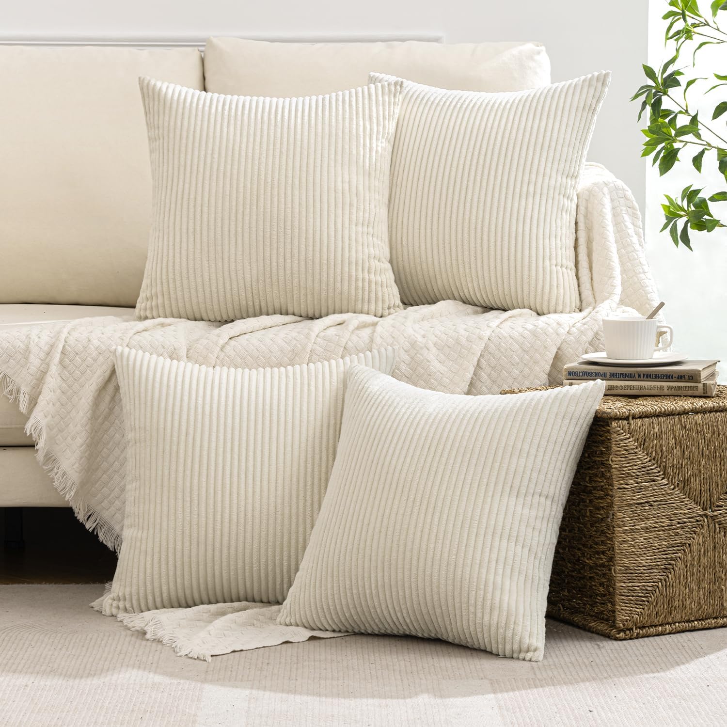 MIULEE Pack of 4 Feather and Down Pillow Inserts Bundle Pack of 4 Corduroy Boho Farmhouse Pillow Covers Cream White