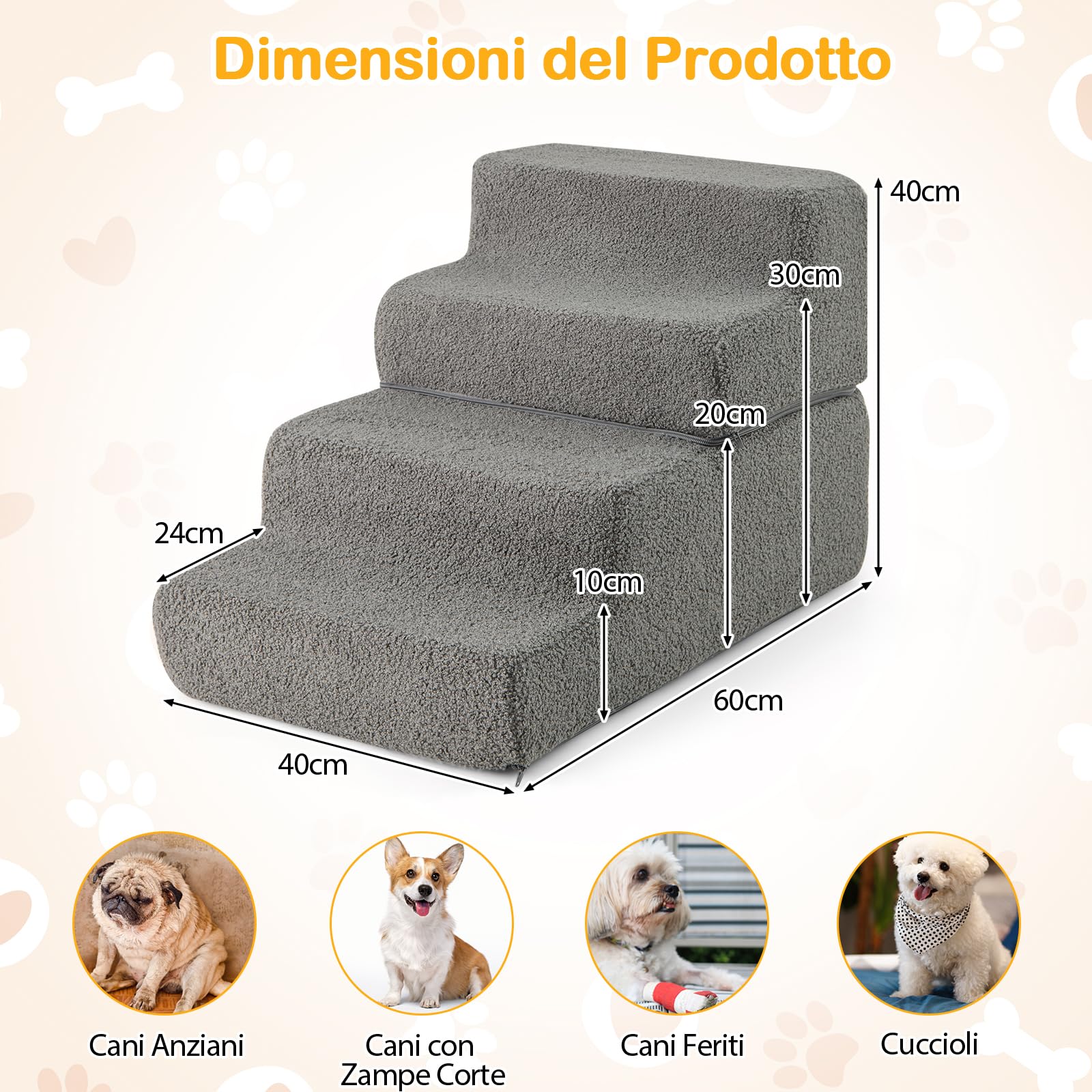 COSTWAY Rampa per Cani con 4 Gradini per Animali Piccoli, Anziani e Feriti | Scalette in Schiuma Piehgevole con Fondo Antiscivolo e Copertura Rimovibile e Lavabile per Letto Alto Divano