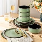 LERATIO Ceramic Dinnerware Sets of 4,Poreclain Plates and Bowls Sets,Handmade Reactive Glaze Dishes Set,Chip Resistant and Scratch Resistant | Oven&Dishwasher & Microwave Safe,Service for 4-Green