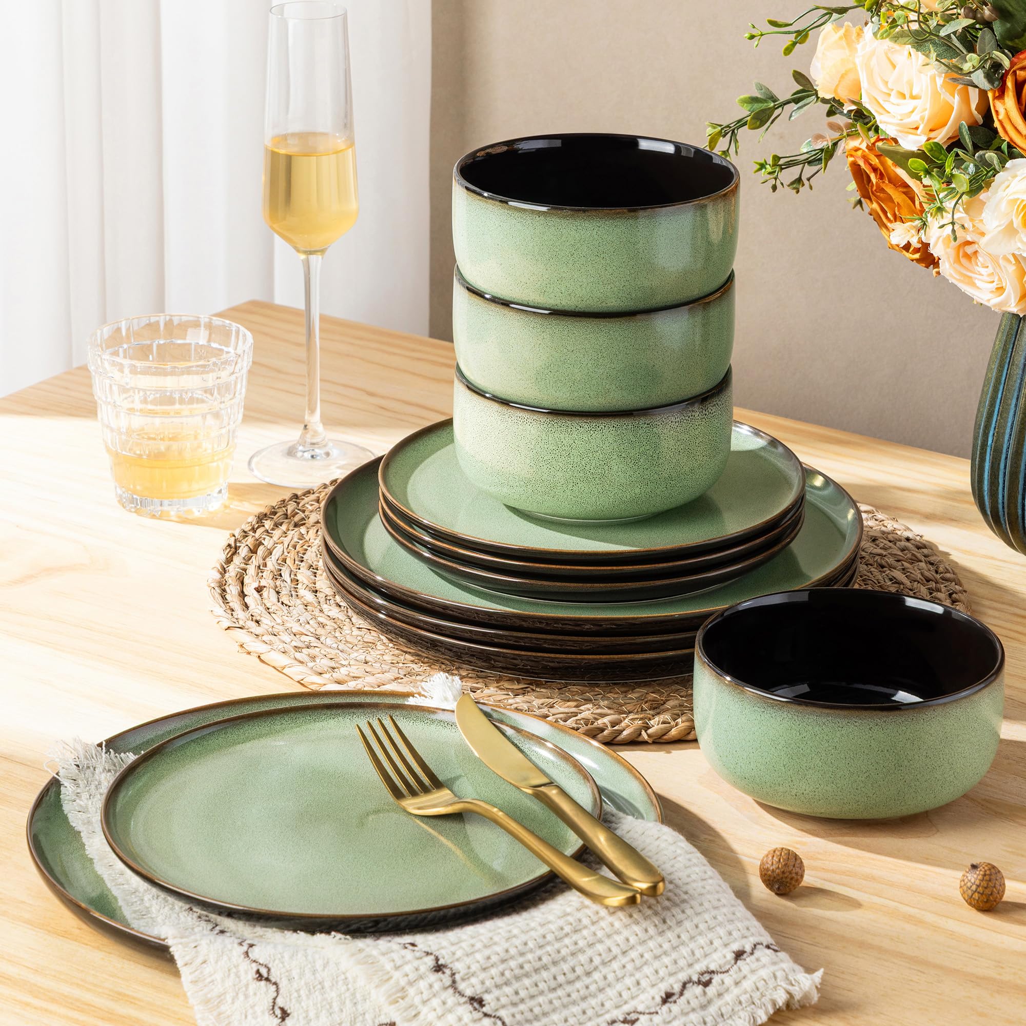 LeRatio Ceramic Dinnerware Sets for 4,12Pcs Porcelain Plates and Bowls Set