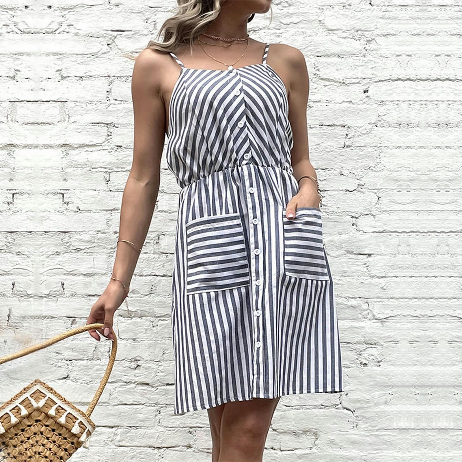 Abiti Abiti Donne Estate Elegante Striped V-Neck a Righe Vita Halter Sling Dress Abiti da Sera Abito, YYEFNMAZ, Grigio, m