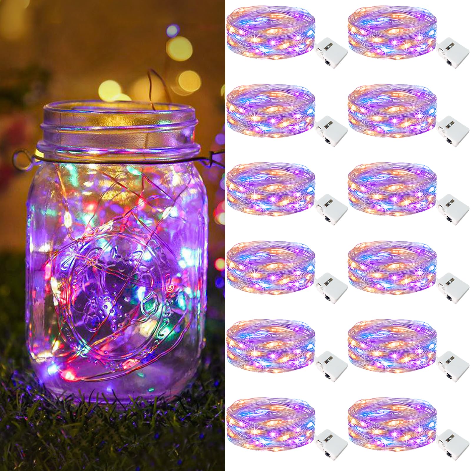 btfarm12 Pack Fairy Lights Battery Operated [3 Modes], 7ft 20 Led Twinkle Lights String Lights Waterproof Bulk Small Mini Silver Wire for Mason Jars Vases Wedding Table Centerpiece, Colorful