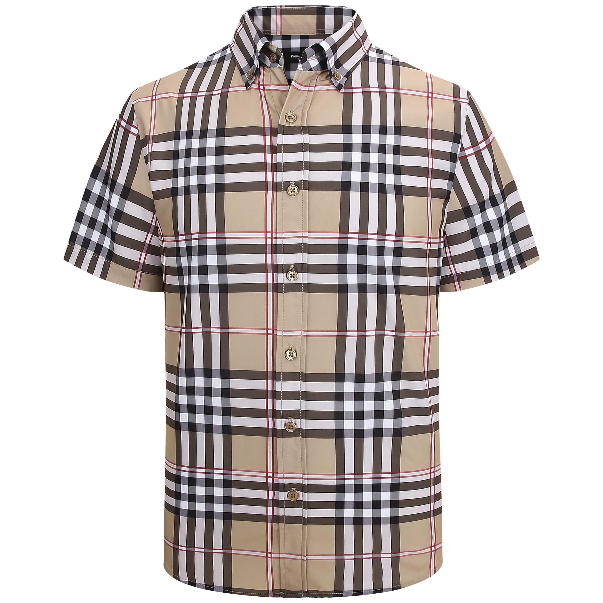 WARHORSEE Men's Plaid Button Down Shirts Short Sleeve 4-Way Stretch Dress Shirts for Men Business Casual Shirts