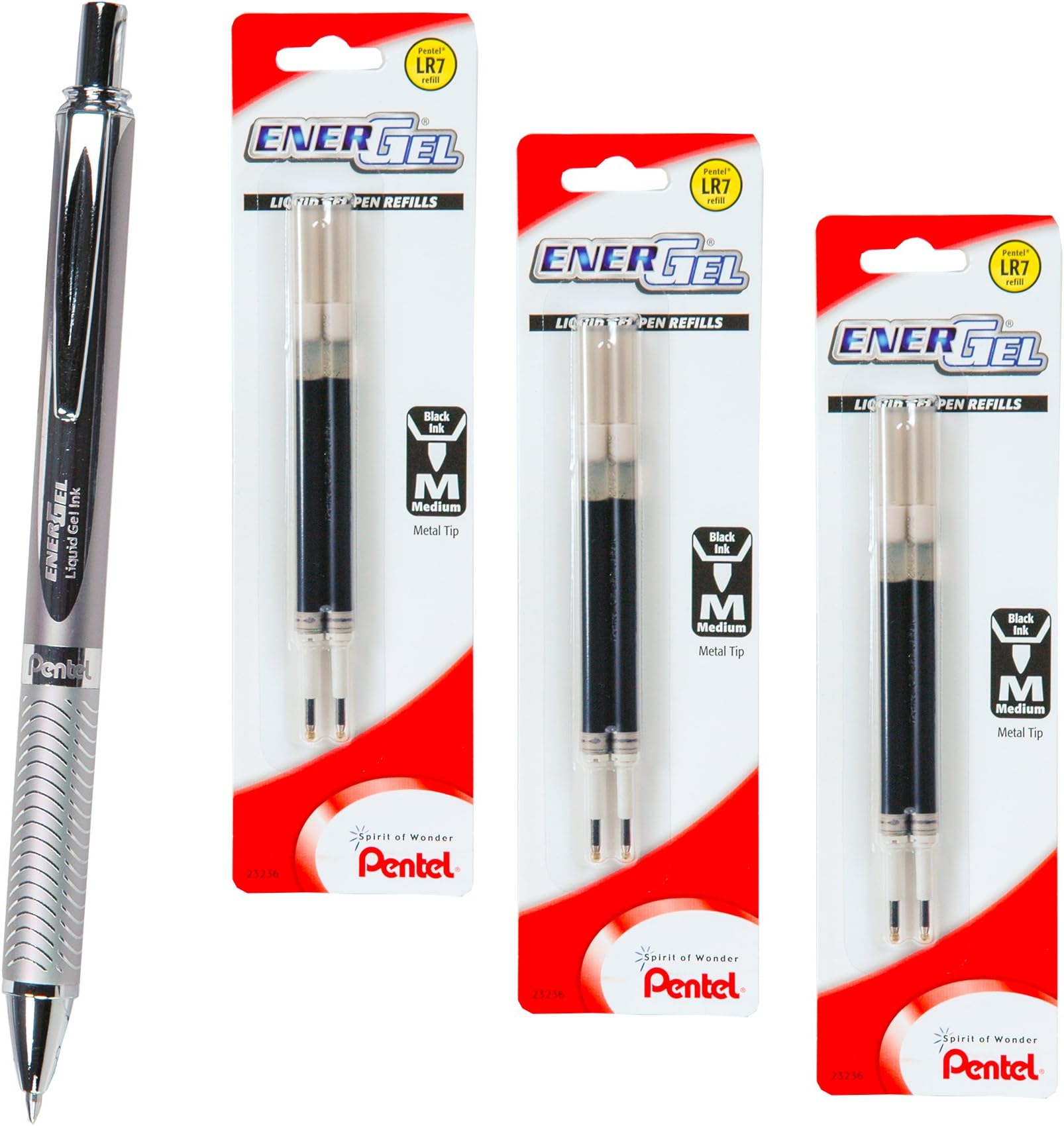 Energel 0.7 Alloy Rt Bl407 Black Gel Ink Pen with 3 Packs of Refills, Silver Barrel, 0.7mm Medium Point,6refills