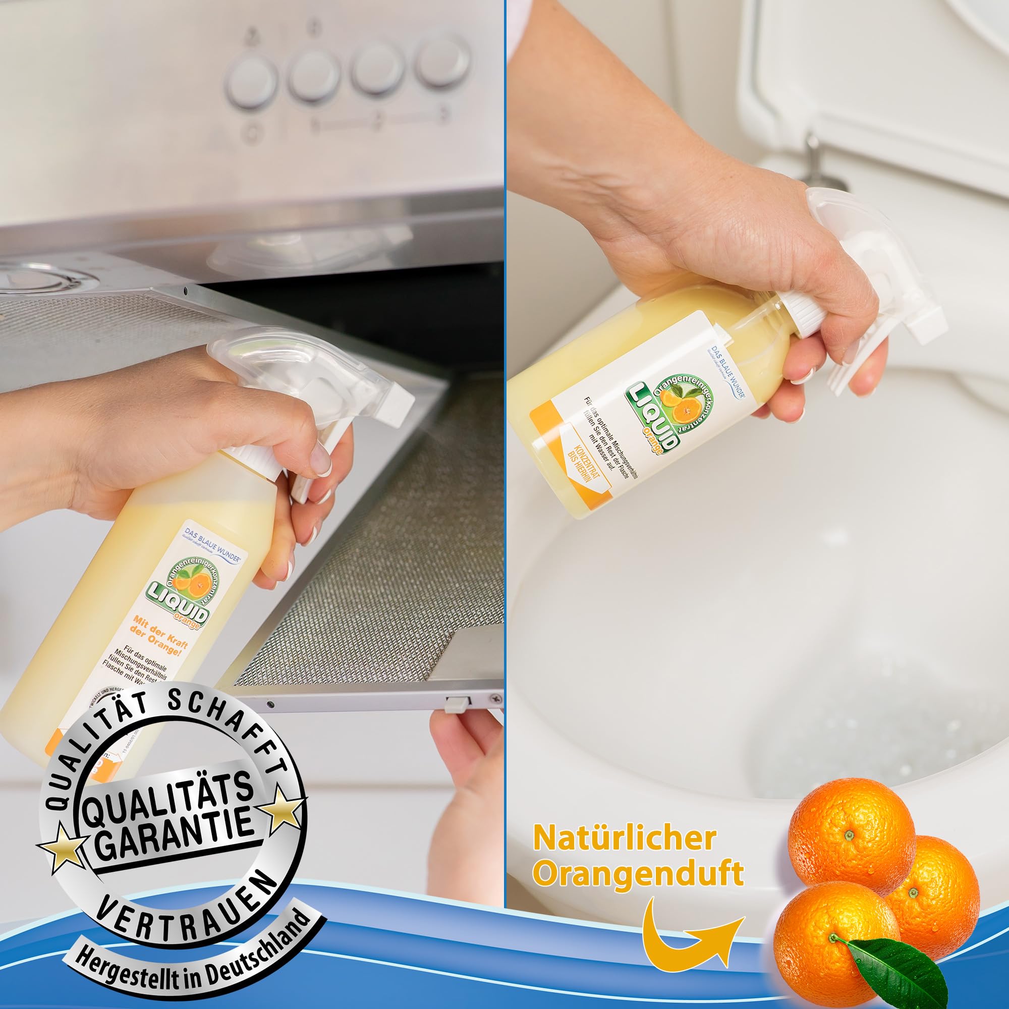 Das blaue Wunder Liquid Orange Orangenreiniger 2 x 500 ml Konzentrat, Allzweckreiniger für den Haushalt, Universalreiniger für Küche Bad Auto, inkl. Sprühflasche