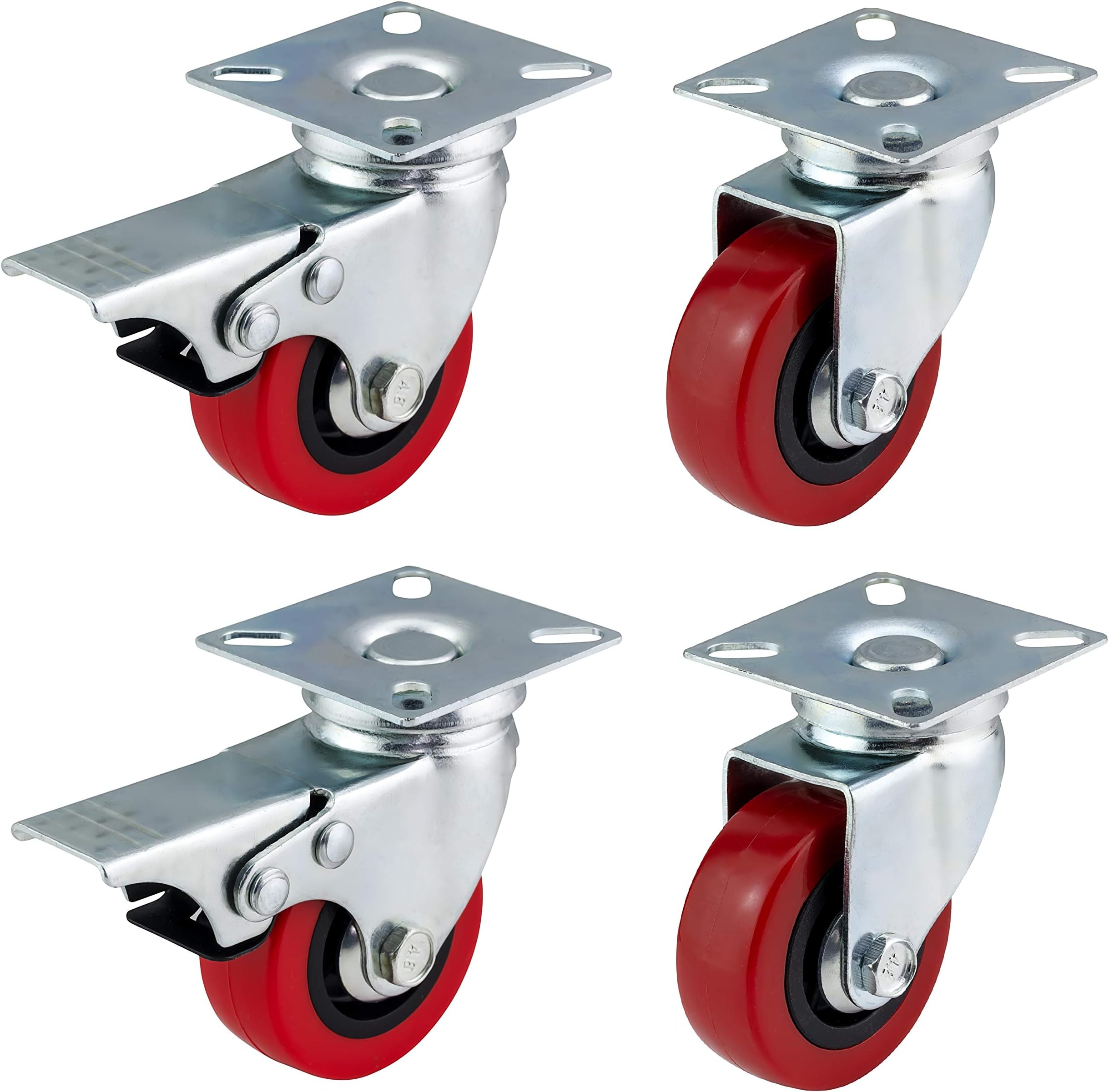 50mm Polyurethane Swivel Casters with Brakes (RED PU) - Heavy Duty - Furniture, Appliance & Equipment Wheels by Bulldog Castors - Max 150Kg Per Set