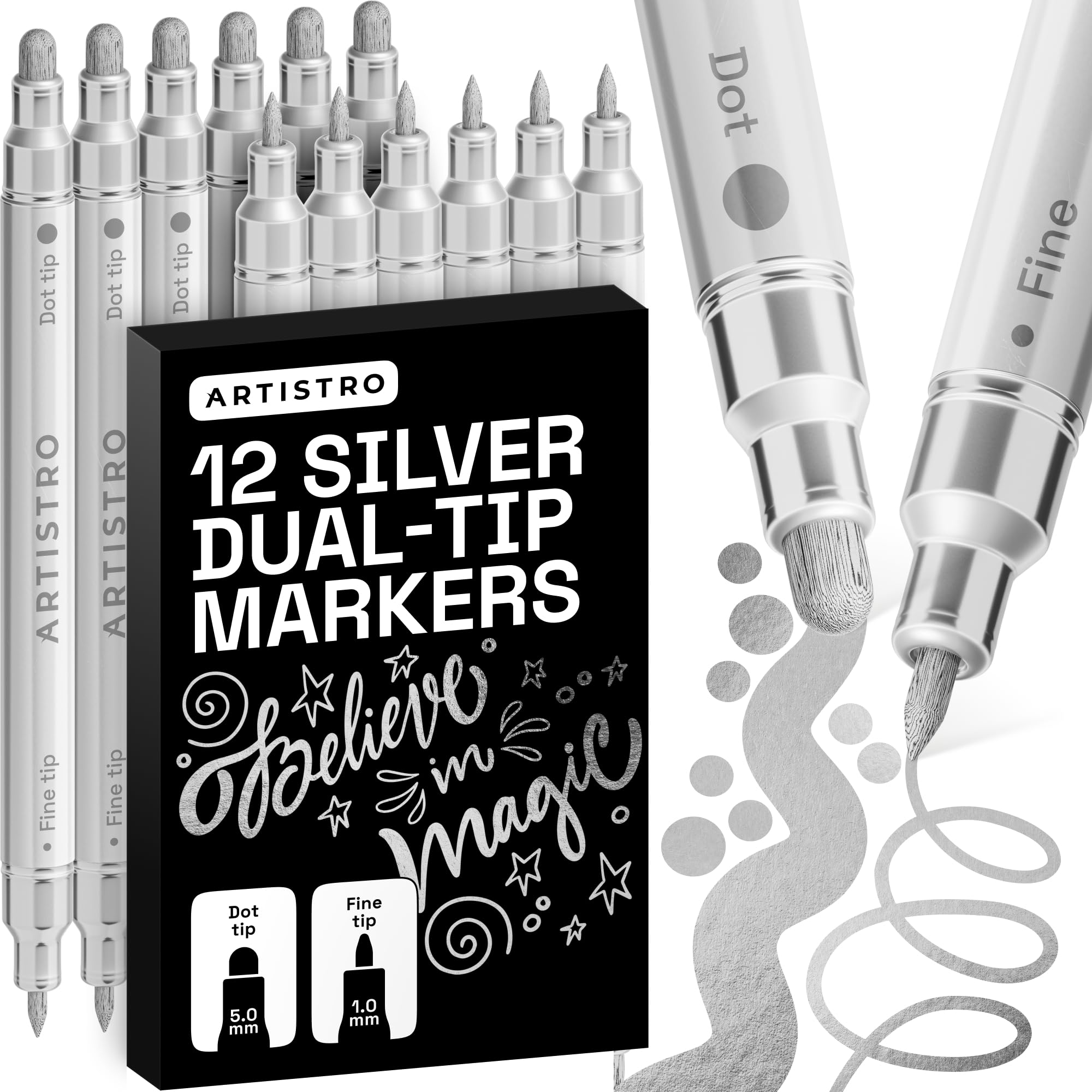 ARTISTRO 12 Silver Dual-Tip Acrylic Paint Marker Pens
