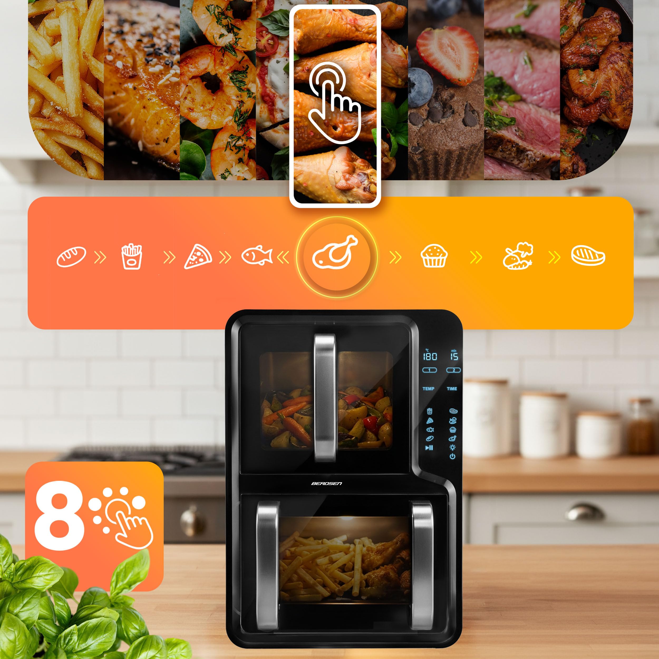 Berdsen Frytkownica Beztłuszczowa Airfryer na Gorące Powietrze 12 l - Dwukomorowa Pionowa 5 l + 7 l, 2800 W, 8 Programów, Ekran Dotykowy, Okienko LED - Pieczenie, Grillowanie i Suszenie - Czarna