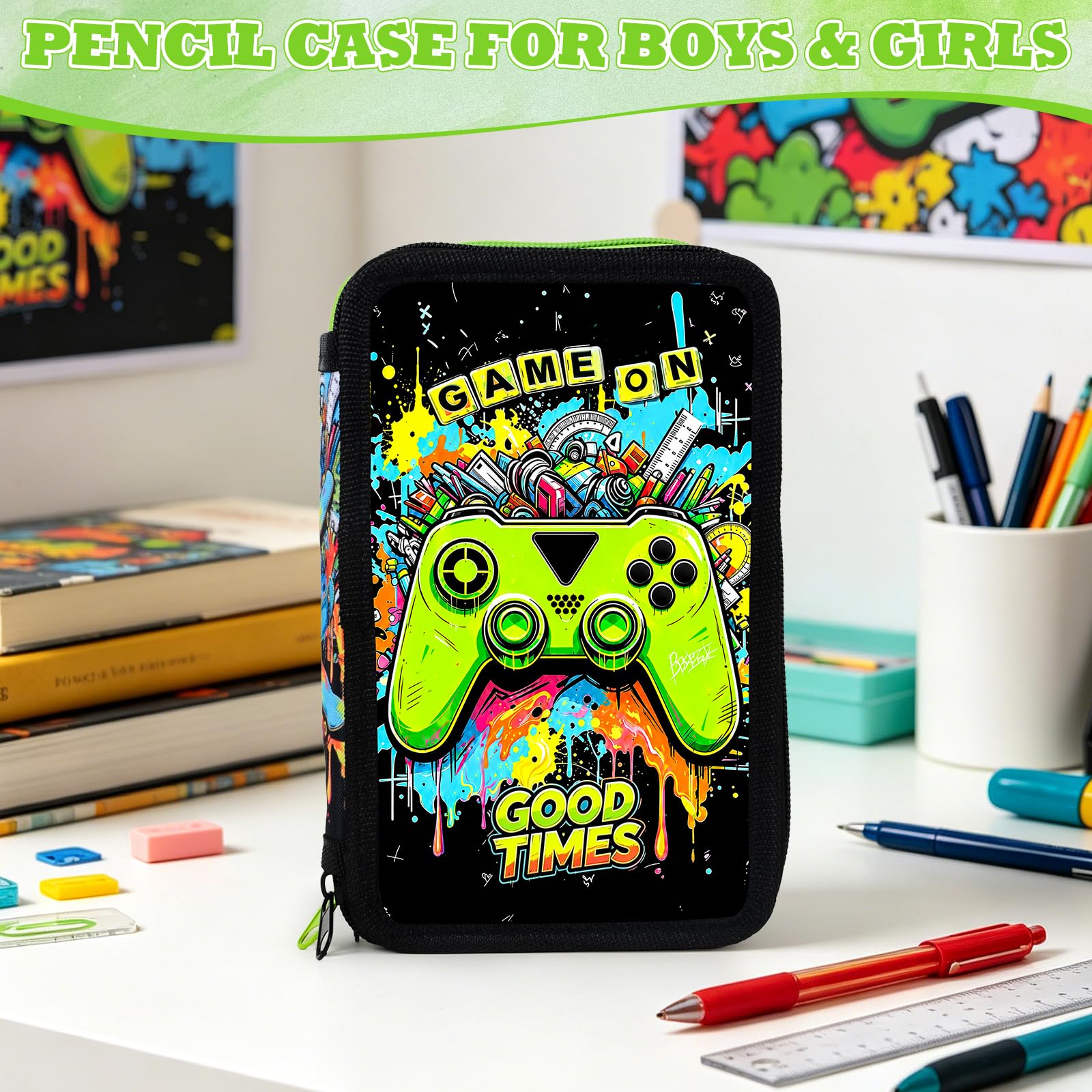 41 Artikel Federmappe Jungen, Federmäppchen 3 Fach Jungen Mäppchen Gefüllt Spiel Set, Federtasche 3 Fächer Einschulung Geschenke für Kinder Schüler mit Radierbaren Stiften, Textmarker, Buntstiften