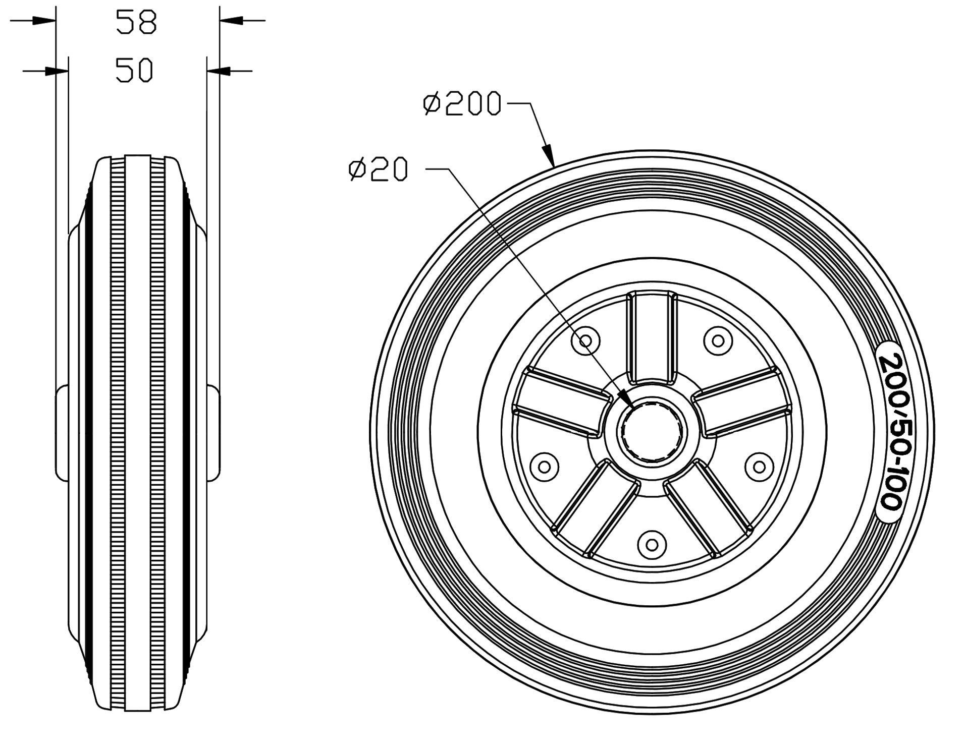Parnells - 2 set 200x50 mm Pneumatici in Gomma Piena su Cerchio in Acciaio - Diametro 200 mm, Larghezza 50 mm, Mozzo 60 mm, Cuscinetto a Rulli 20 mm, Portata 200 kg per Ruota