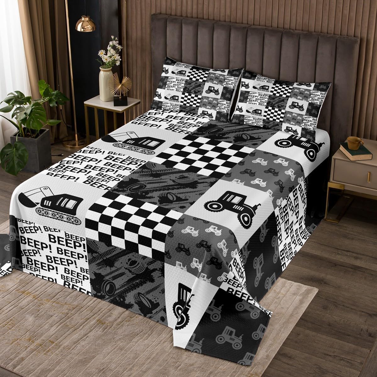 Castle Fairy Airplane Bedding Set Twin Size,Geometric Plaid Patchwork Bedspread 2Pcs,Military Theme Comforter Set for Kids Boys Girls Teens Room Decor,Black White Blue Quilt Coverlet,1 Pillowcase