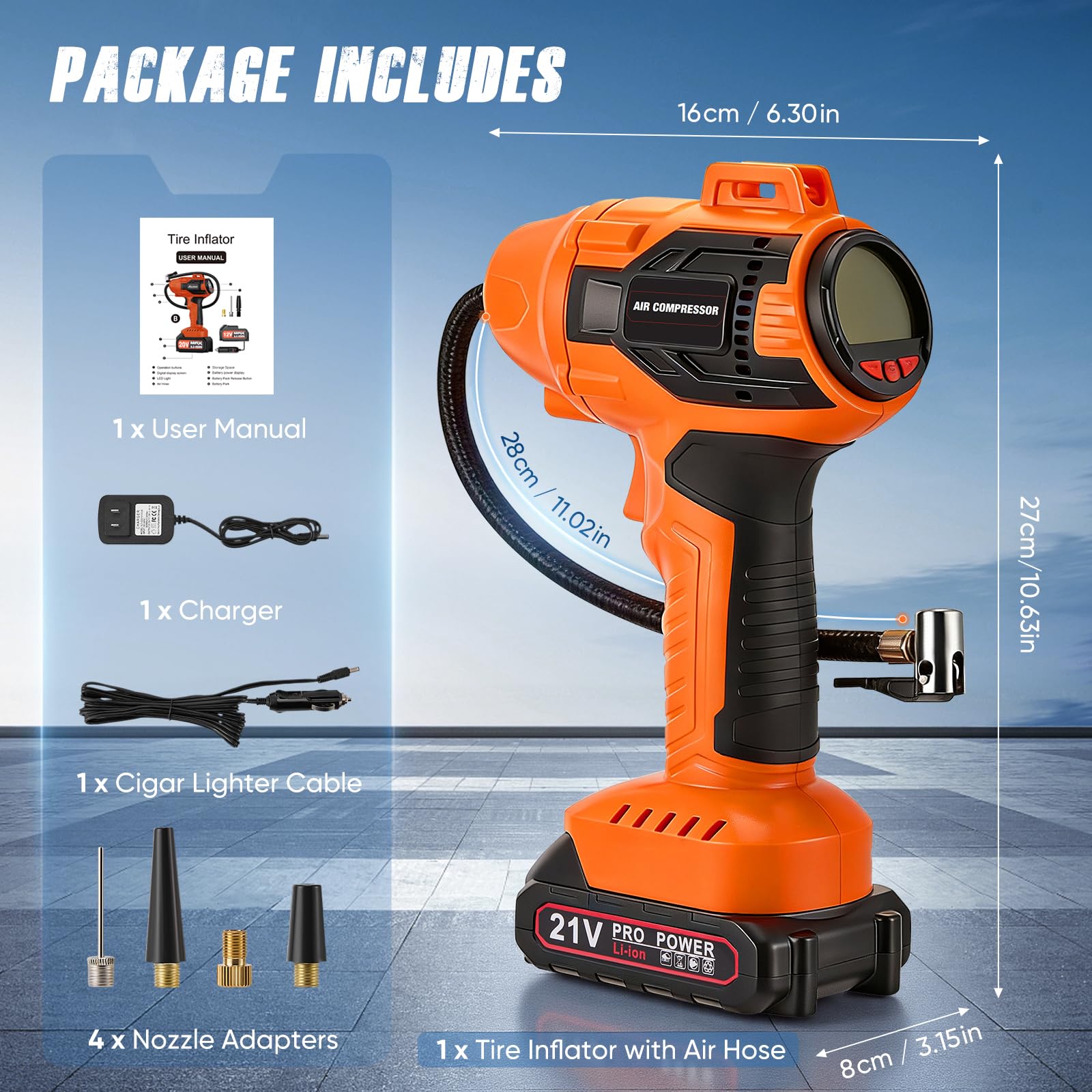 Kabelloser Akku-Luftkompressor, 160 PSI, mit digitalem Manometer & Auto-Stopp, tragbare Luftpumpe für Auto, Motorrad, Fahrrad, Bälle – gelb