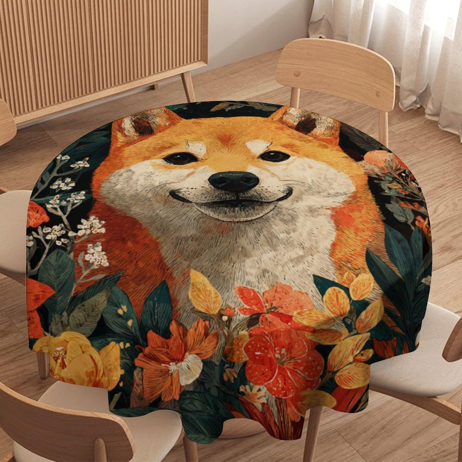 LUYYSKY Colorful Classic Cute Dogs Waterproof Round Tablecloth Funny Watercolor Spring Garden Animals Dogs Puppies Floral Washable Table Cover for Kitchen-91.4" Wx91.4 L cm