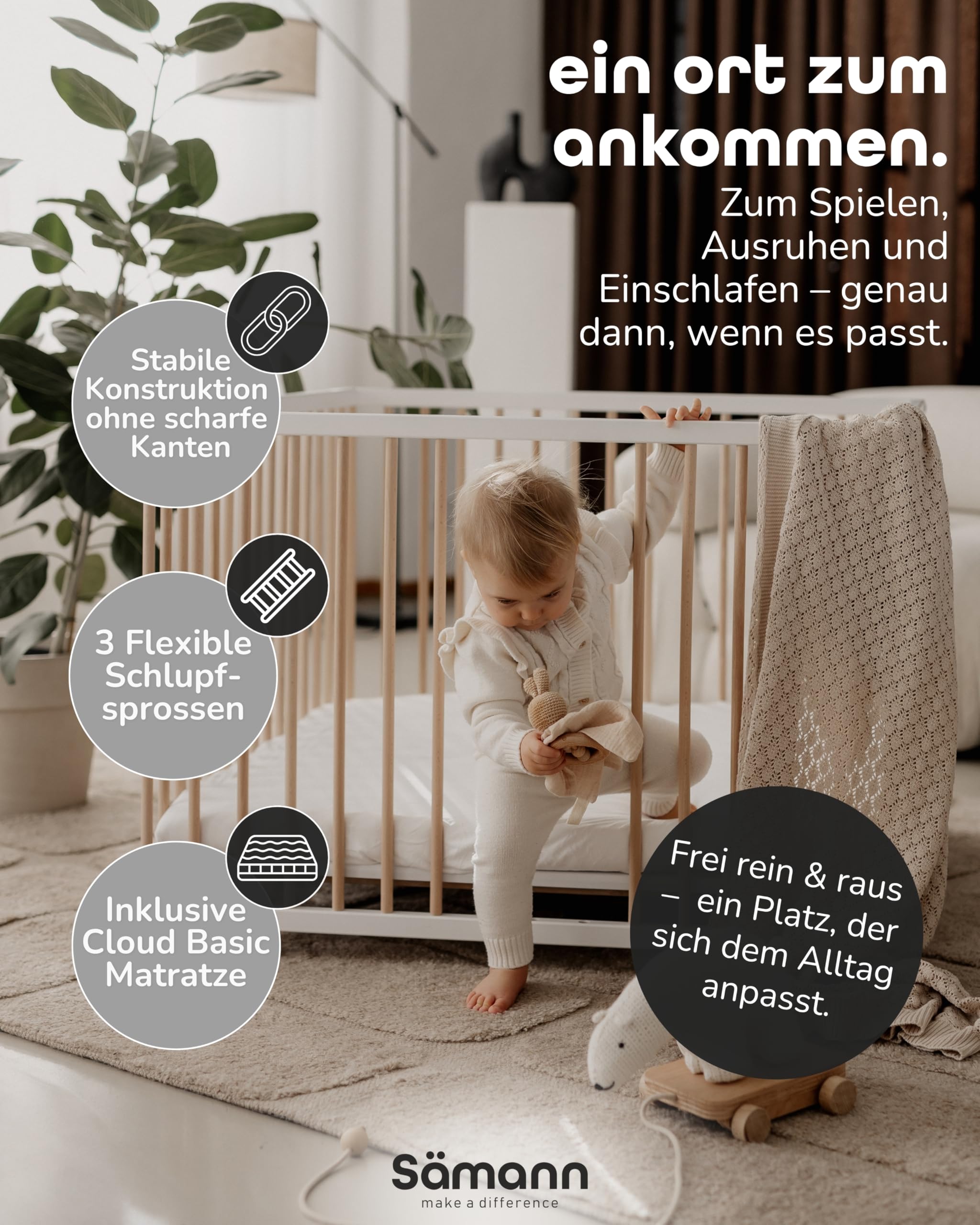 Sämann Laufstall Baby XXL 120x120 cm mit Matratze und Schlupfsprossen | TÜV geprüft | stufenlos höhenverstellbar | Laufgitter Premium | Babybett aus Holz | Krabbelgitter sahara dust/natur