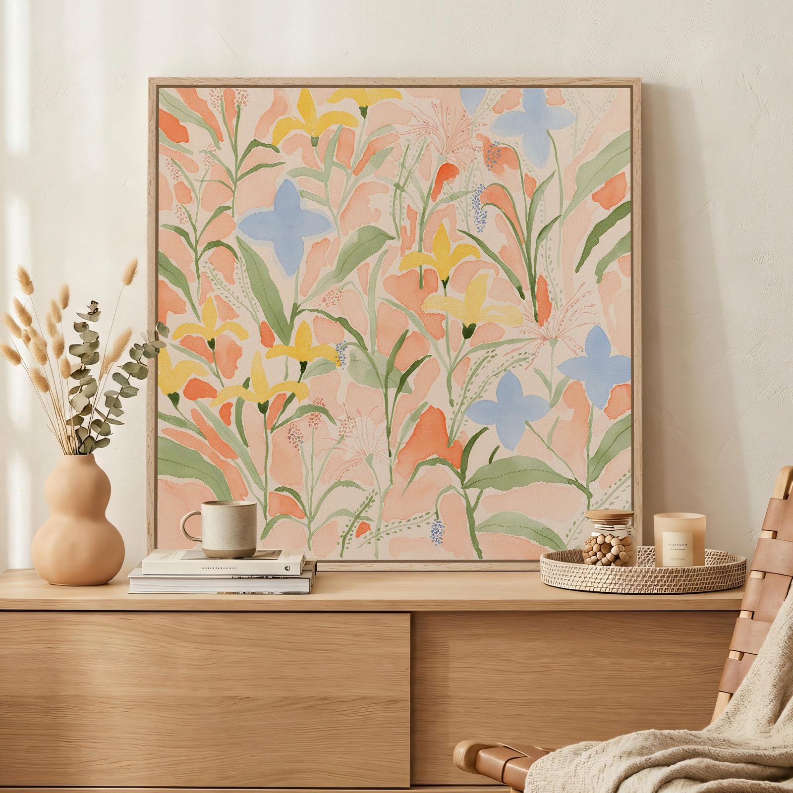 Framed Square Floral Botanical Room Decor Wall Art, Watercolor Boho Minimalist Canvas Artwork for Walls, Neutral Abstract Flower Painting Print for Living Room Bedroom Hallway Wall Decor, 24x24 Inch