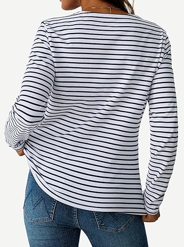 Miniatura 4 de LilyCoco Camisa de manga larga a rayas para mujer, cuello barco, camiseta de ajuste holgado Breton