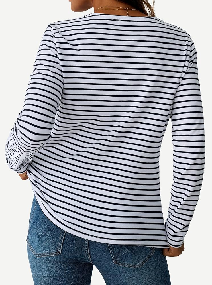 LilyCoco Womens Striped Long Sleeve Shirt Boat Neck Tops Nautical