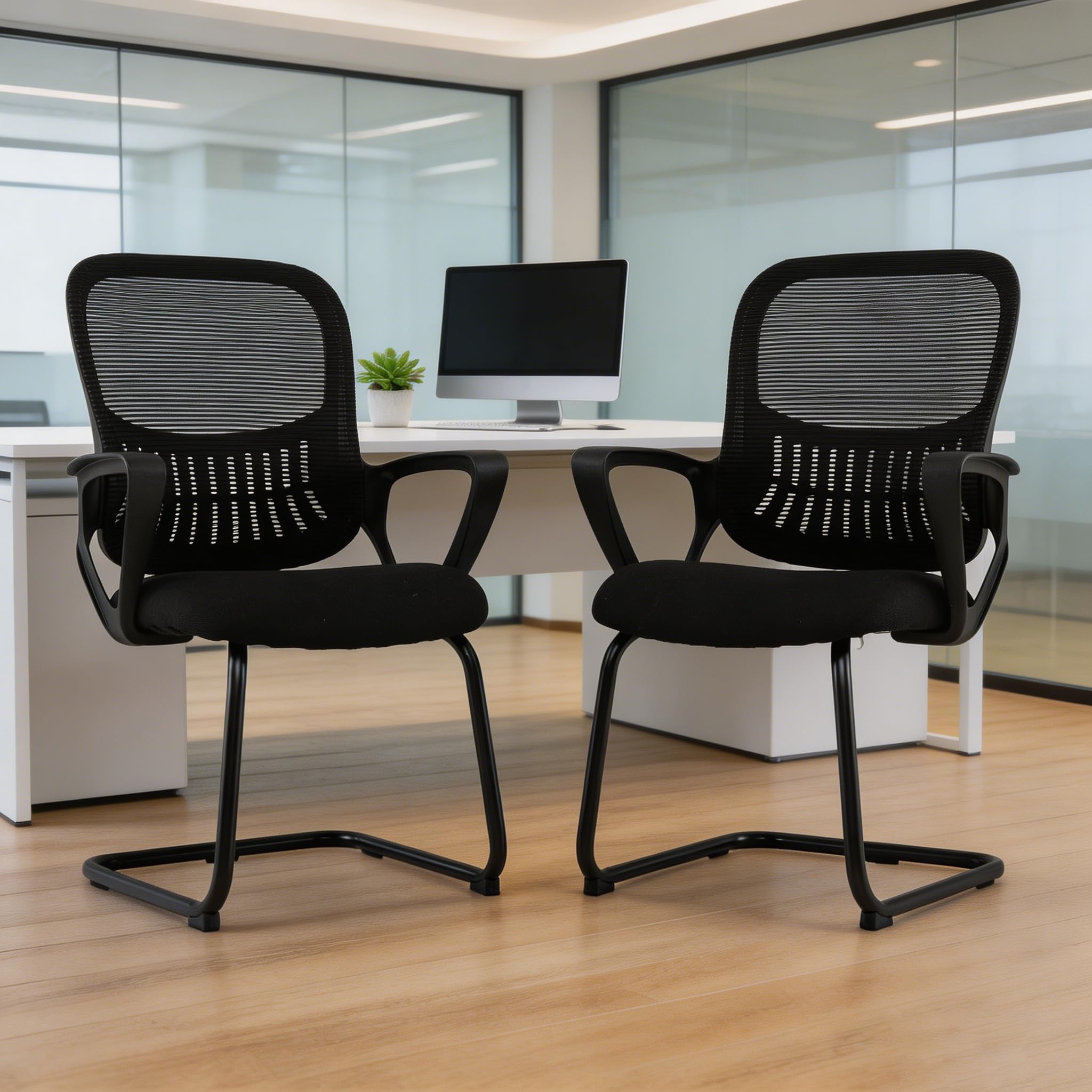 GYMAX Lote de 2 Sillas de Oficina de Malla Transpirable, Sillas de Recepción con Estructura Metálica, Negro