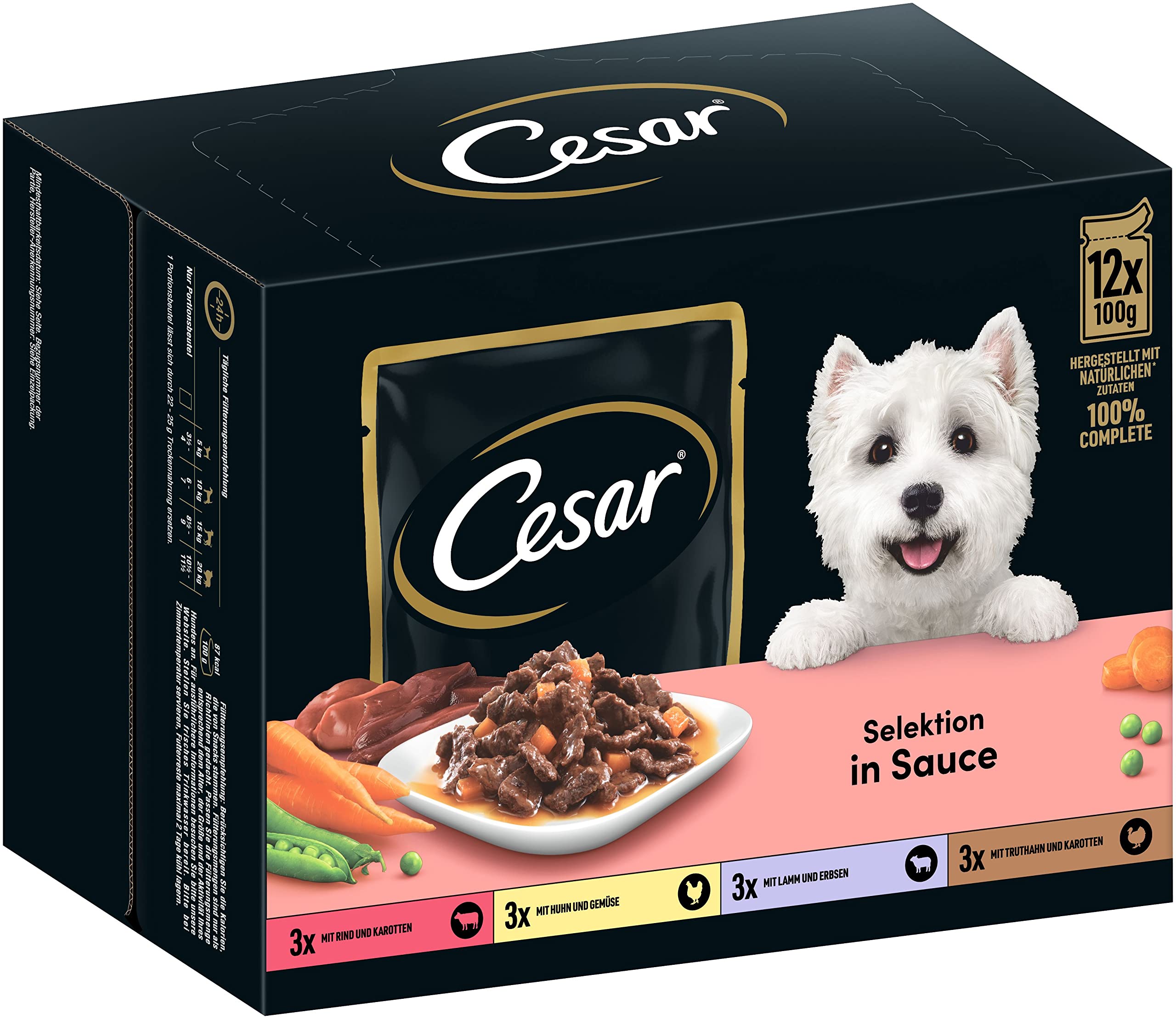 Cesar Alimento para Perros para Adultos selección en Salsa, 48 Bolsas de porciones, 12 x 100 g (4 Unidades) – Comida para Perros equilibrada Premium húmeda, selección con Carne de Res, Pollo, Cordero